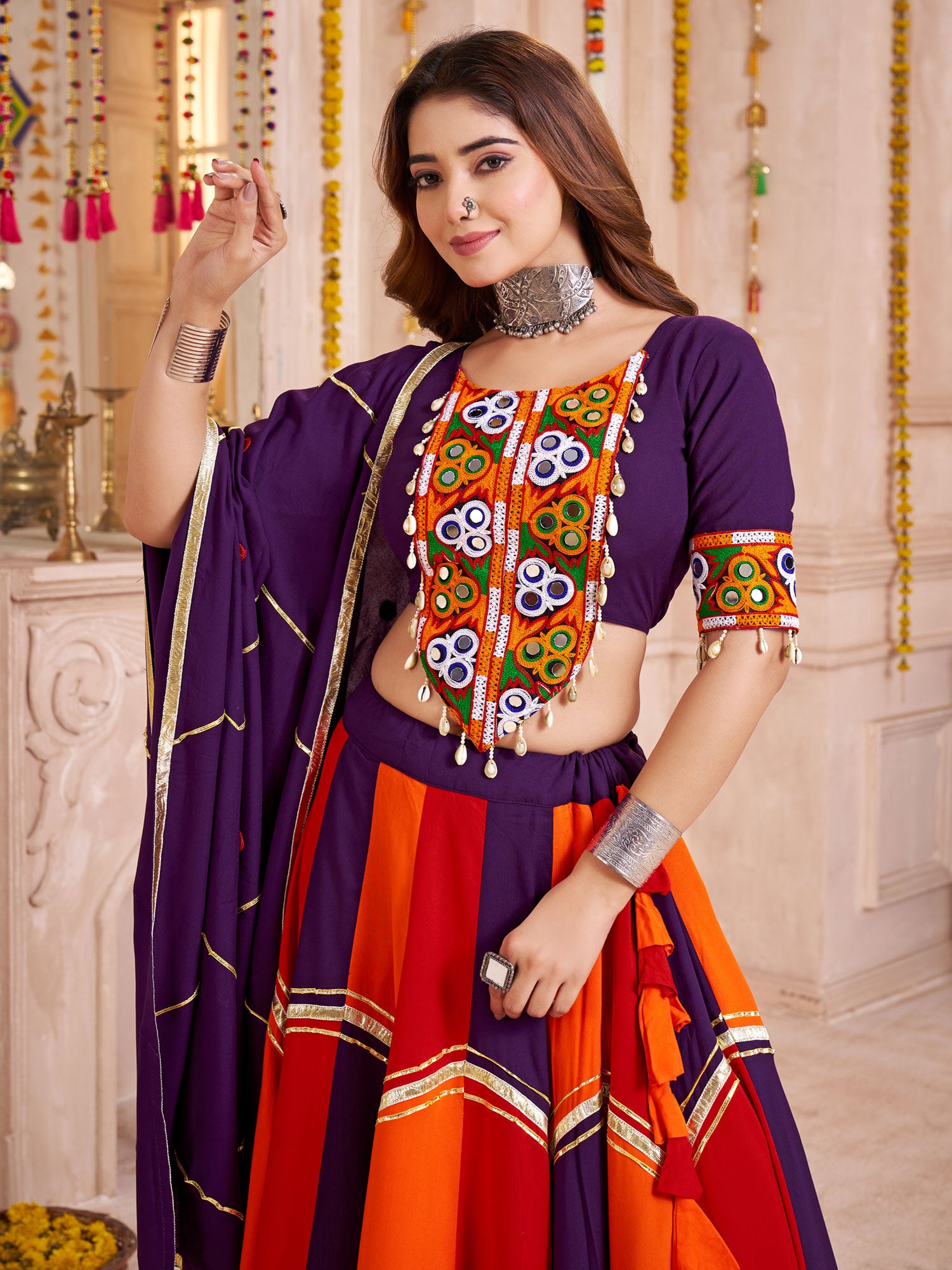 Multicolor Cotton Navratri Lehenga Set In Mirror Work