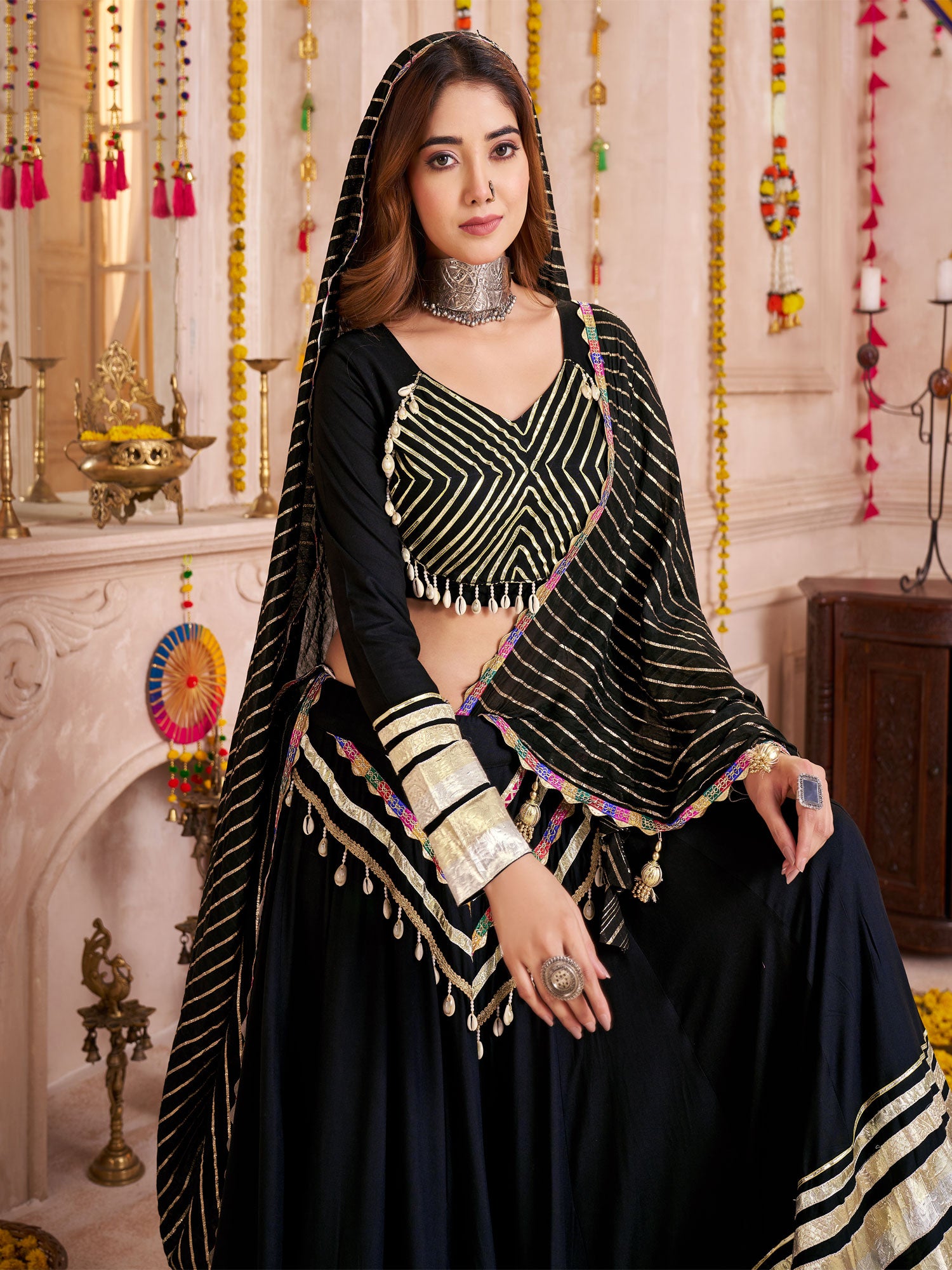 Black Navratri Lehenga Choli With Dupatta In Jacqaurd