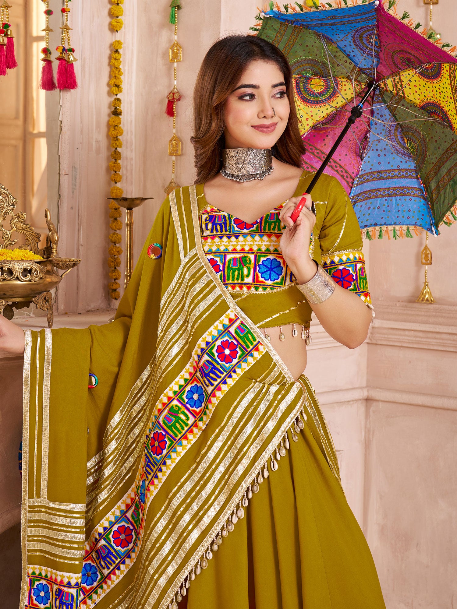 Green Mirror Work Augmented Festive Lehenga Set
