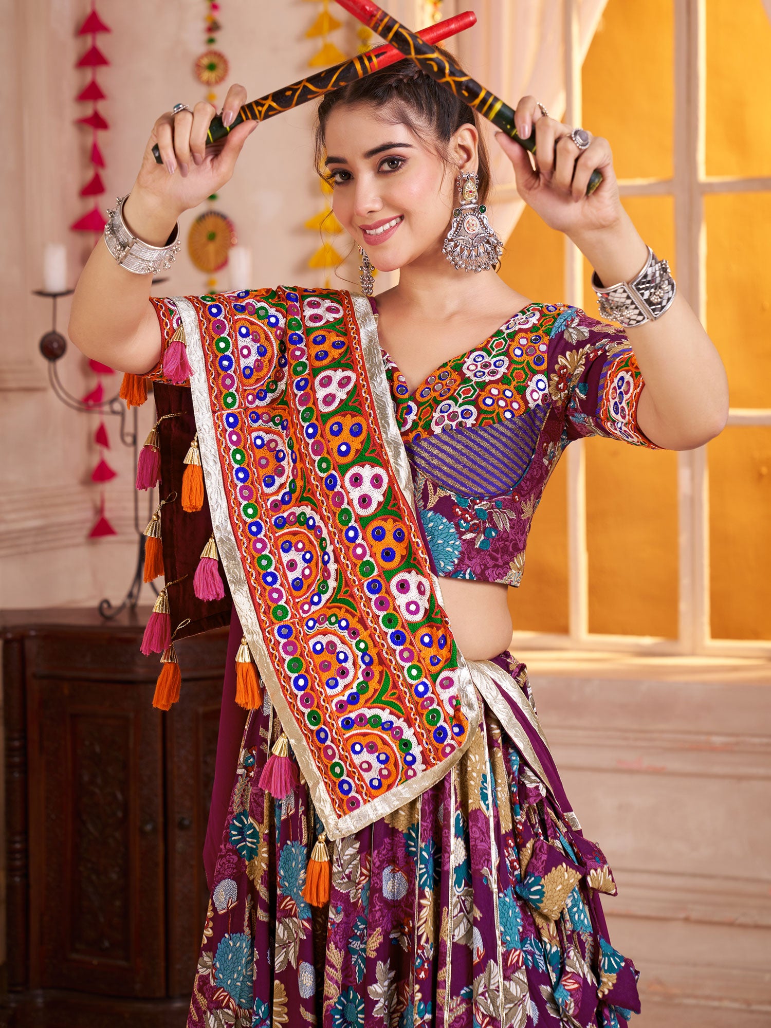 Purple Floral Printed Navratri Lehenga Choli In Cotton
