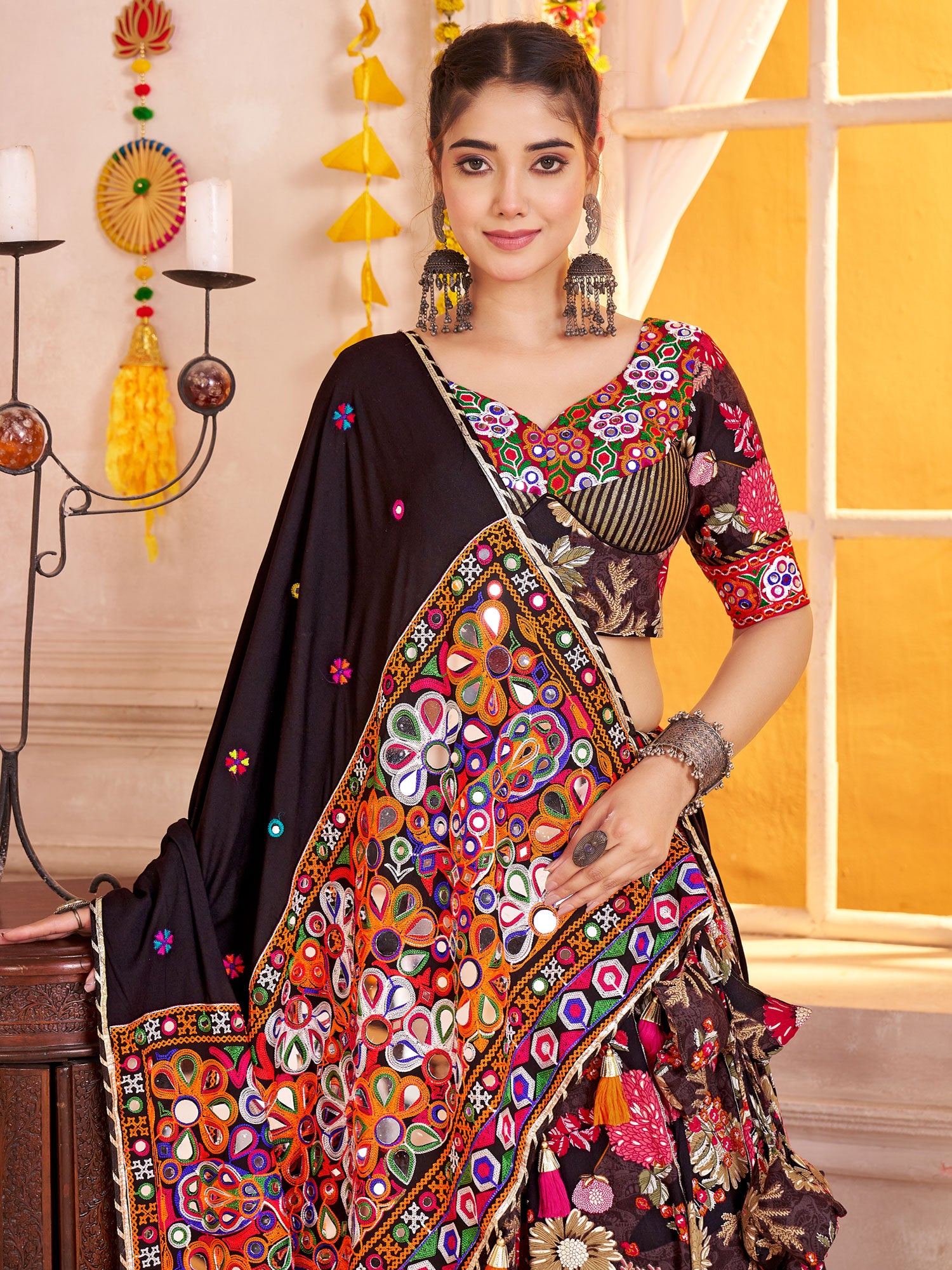 Black Festive Wear Cotton Lehenga Set In Print