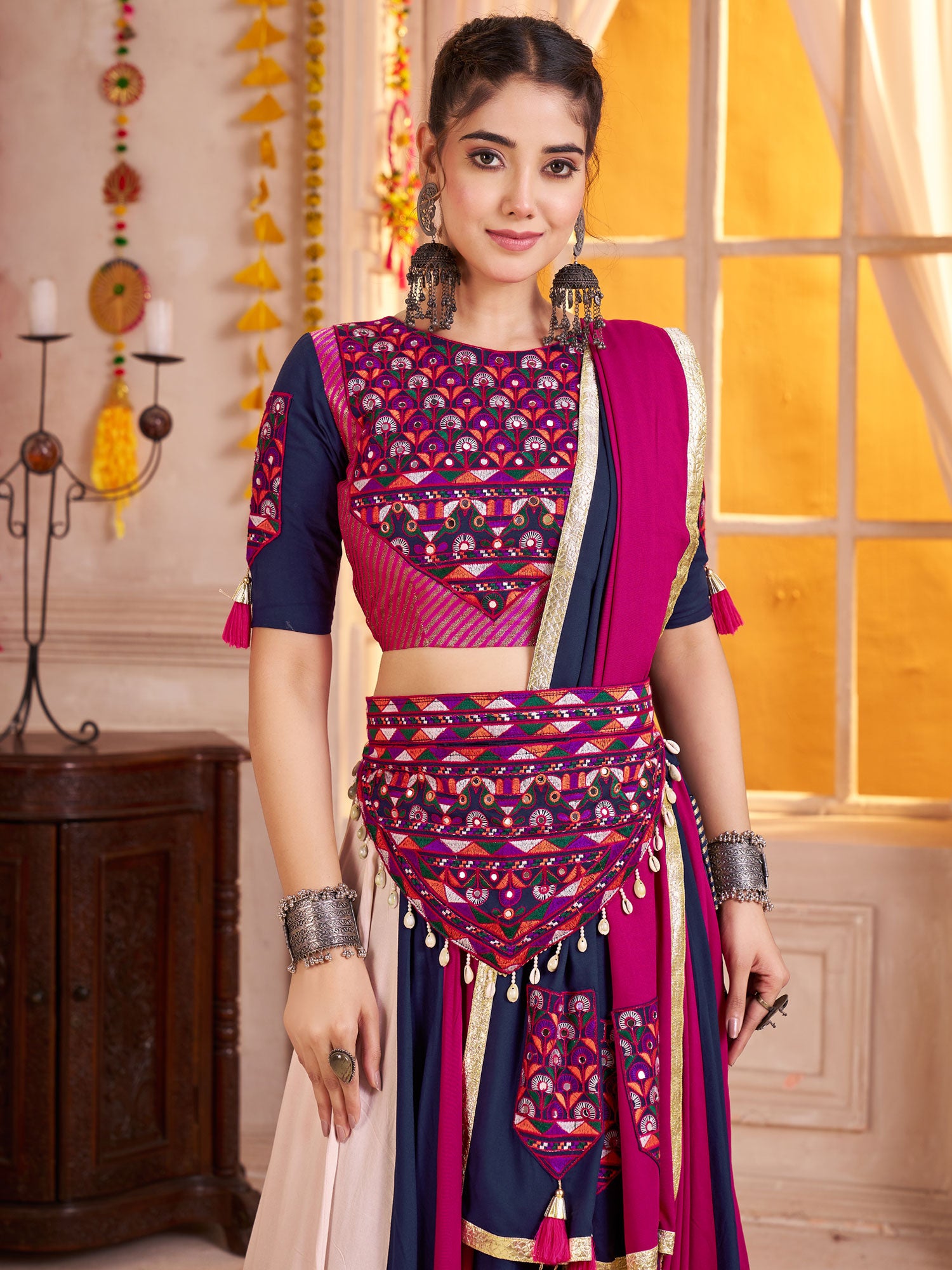 Multicolor Navratri Lehenga Choli Set With Waist Belt