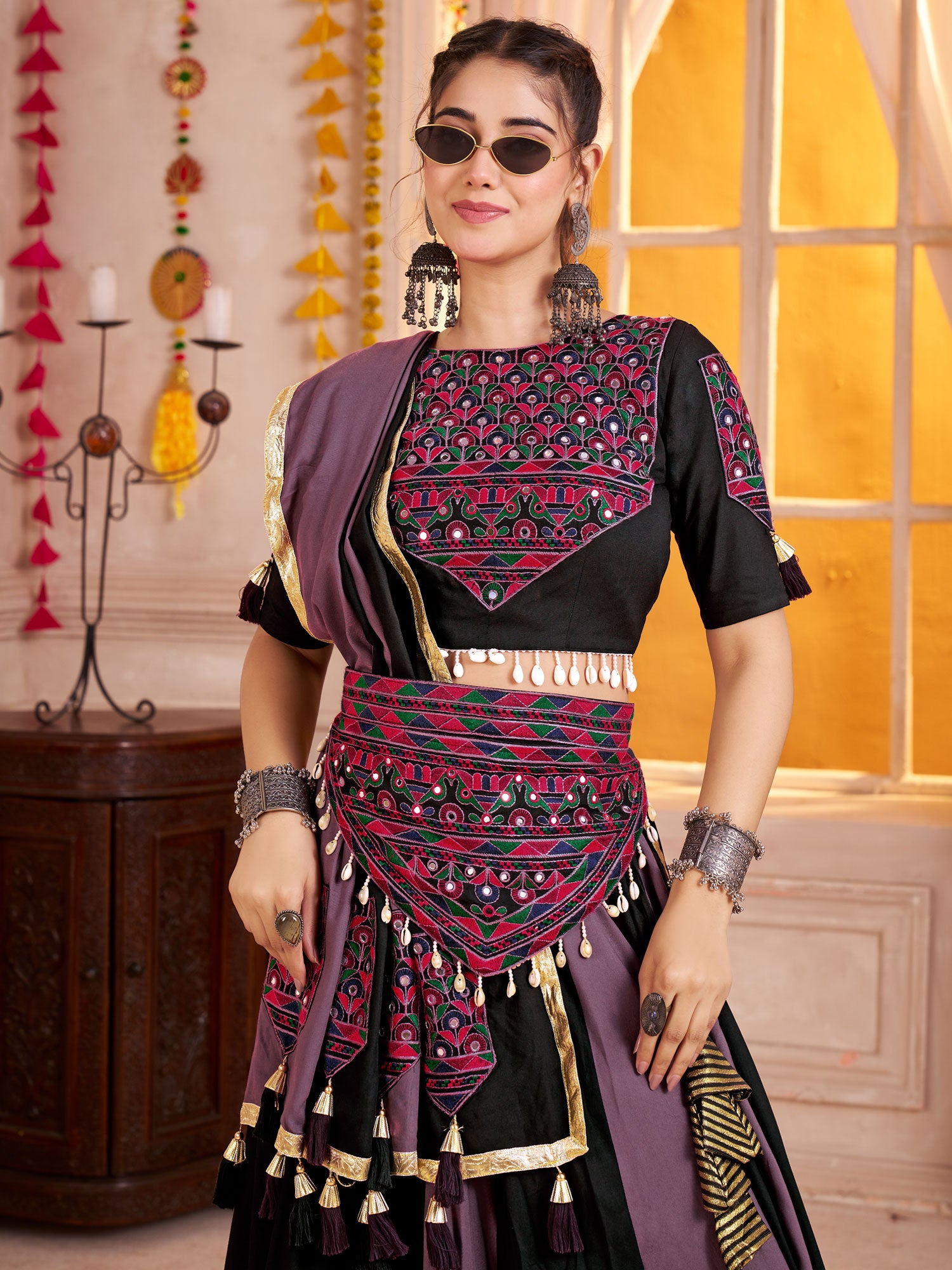 Multicolor Cotton Festive Lehenga Set In Thread Work