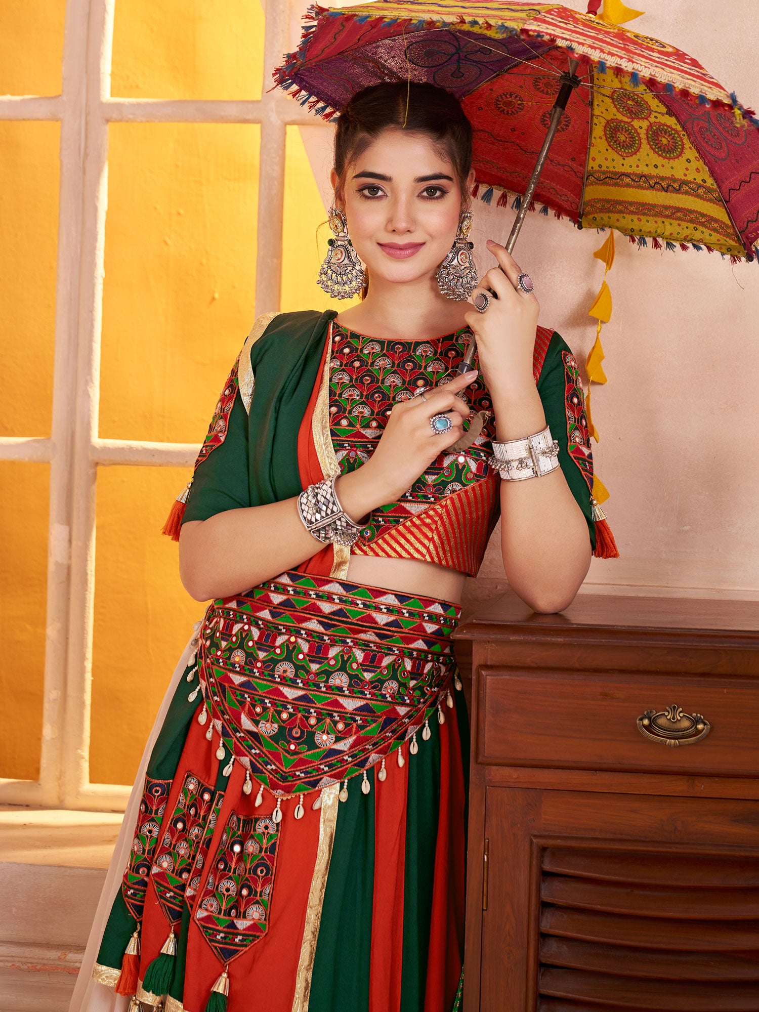 Multicolor Navratri Lehenga Choli In Cotton With Belt