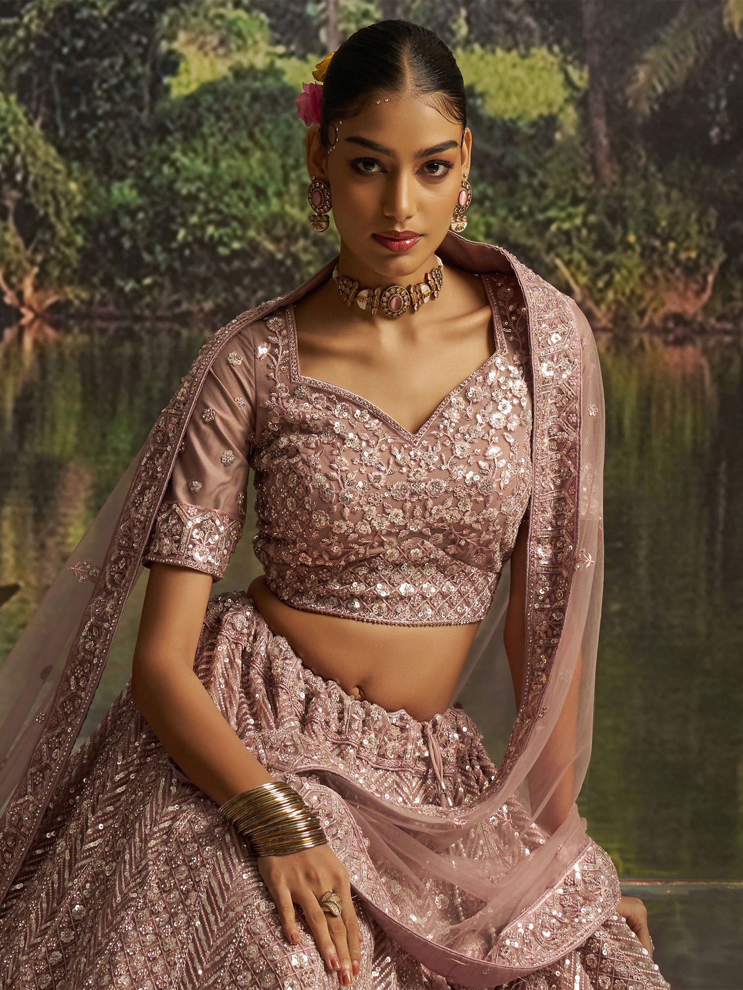 Mauve Stone Augmented Net Lehenga Set With Dupatta