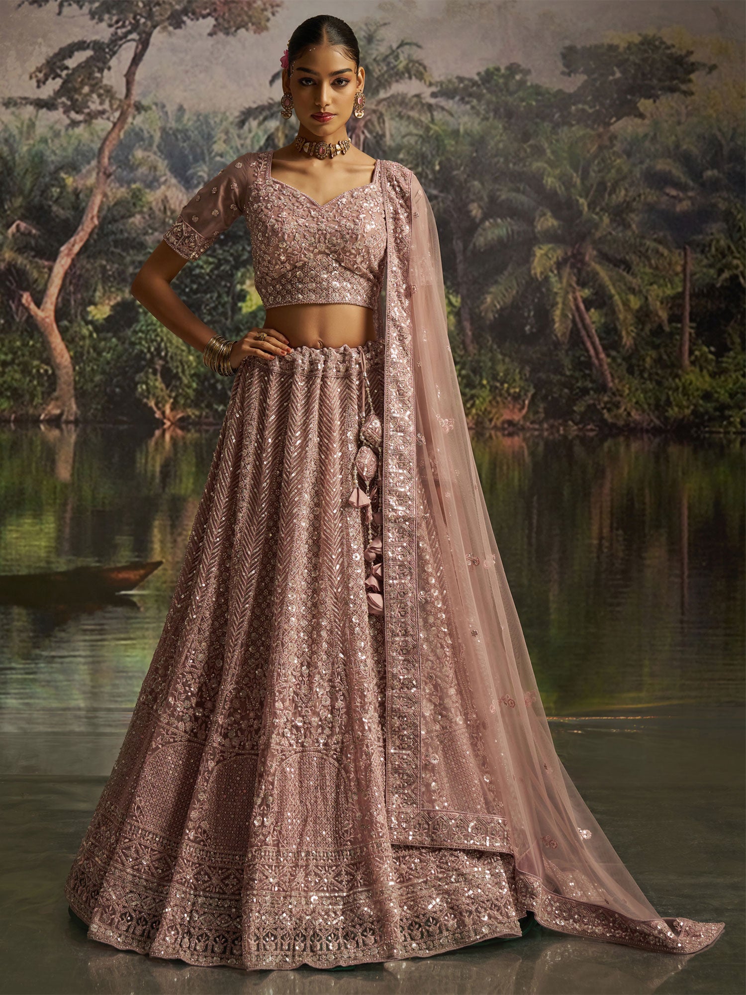 Mauve Stone Augmented Net Lehenga Set With Dupatta