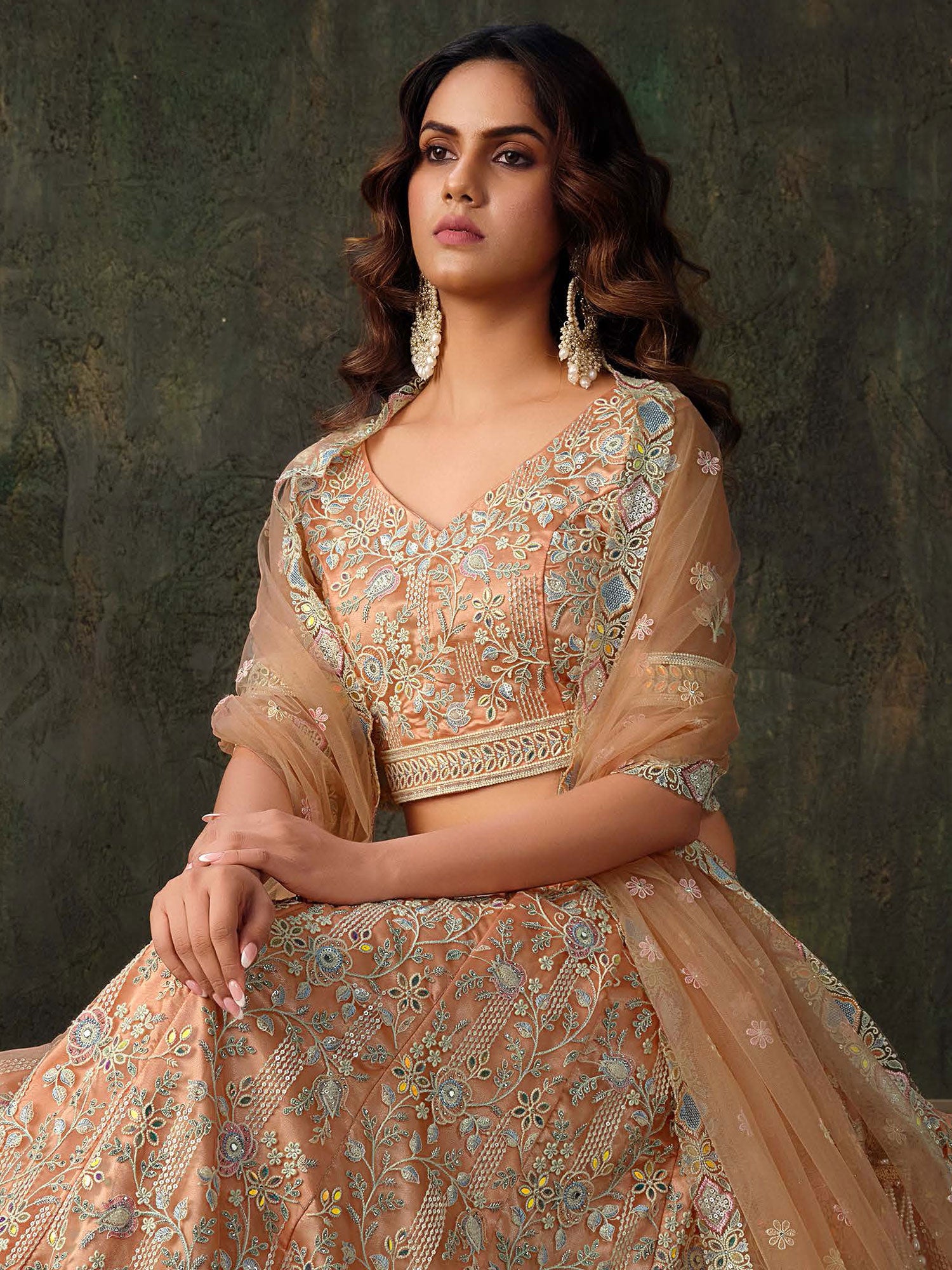 Peach Floral Embellished Wedding Lehenga Choli Set