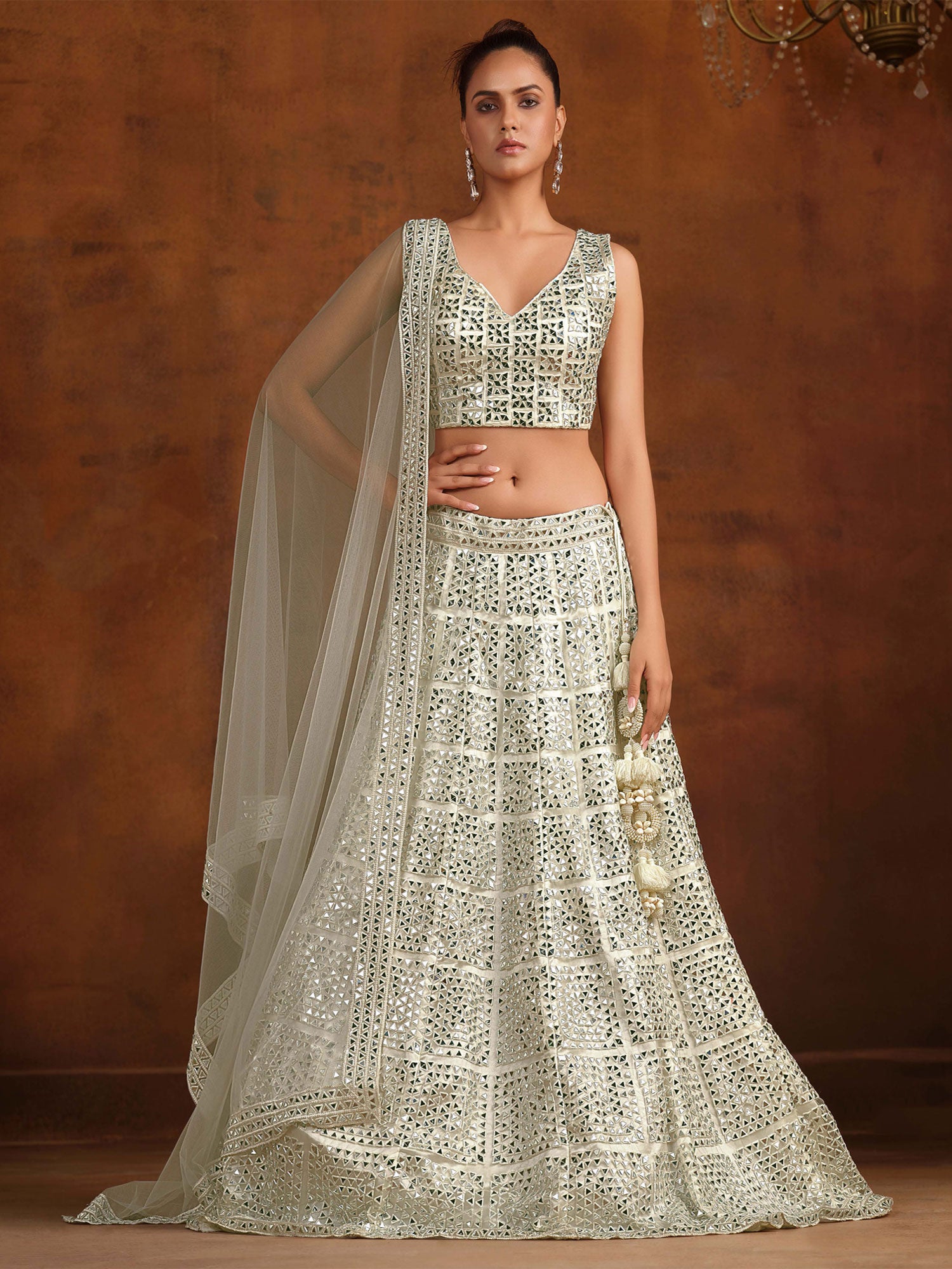 Silver Party Lehenga Set With Mirror Embellishments