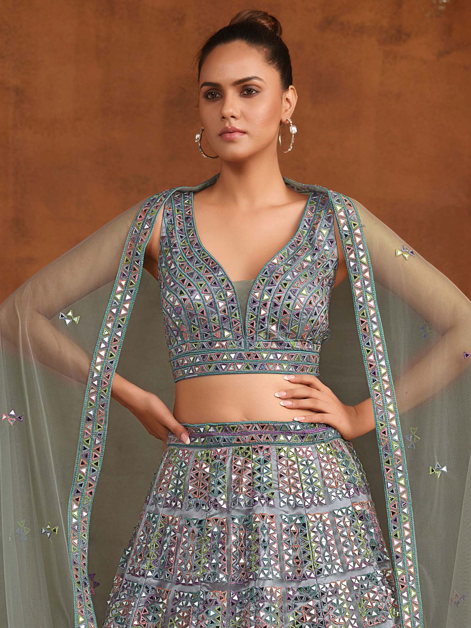 Grey Mirror Work Augmented Net Lehenga Choli