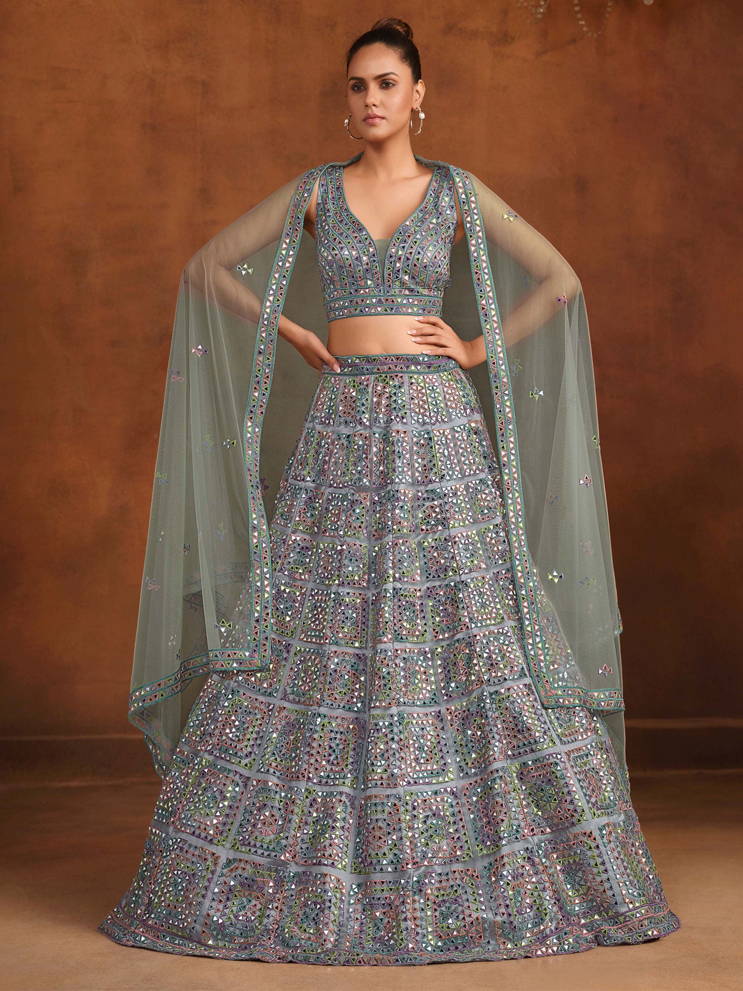 Grey Mirror Work Augmented Net Lehenga Choli
