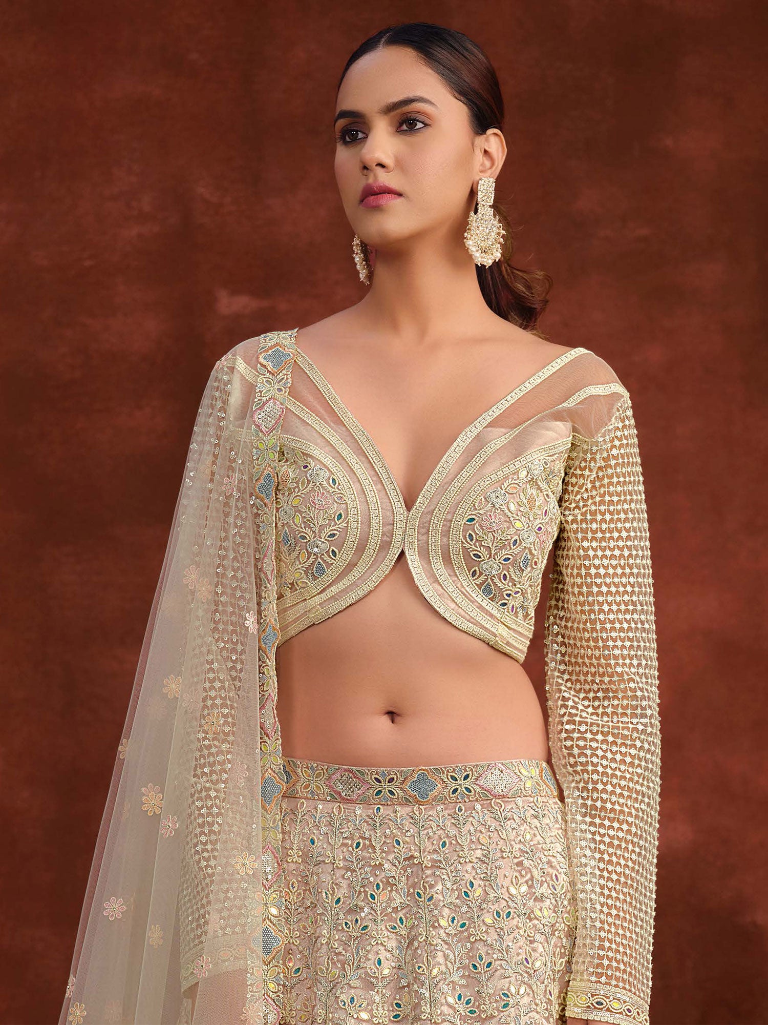 Beige Bridesmaid Lehenga Set In Heavy Floral Embroidery