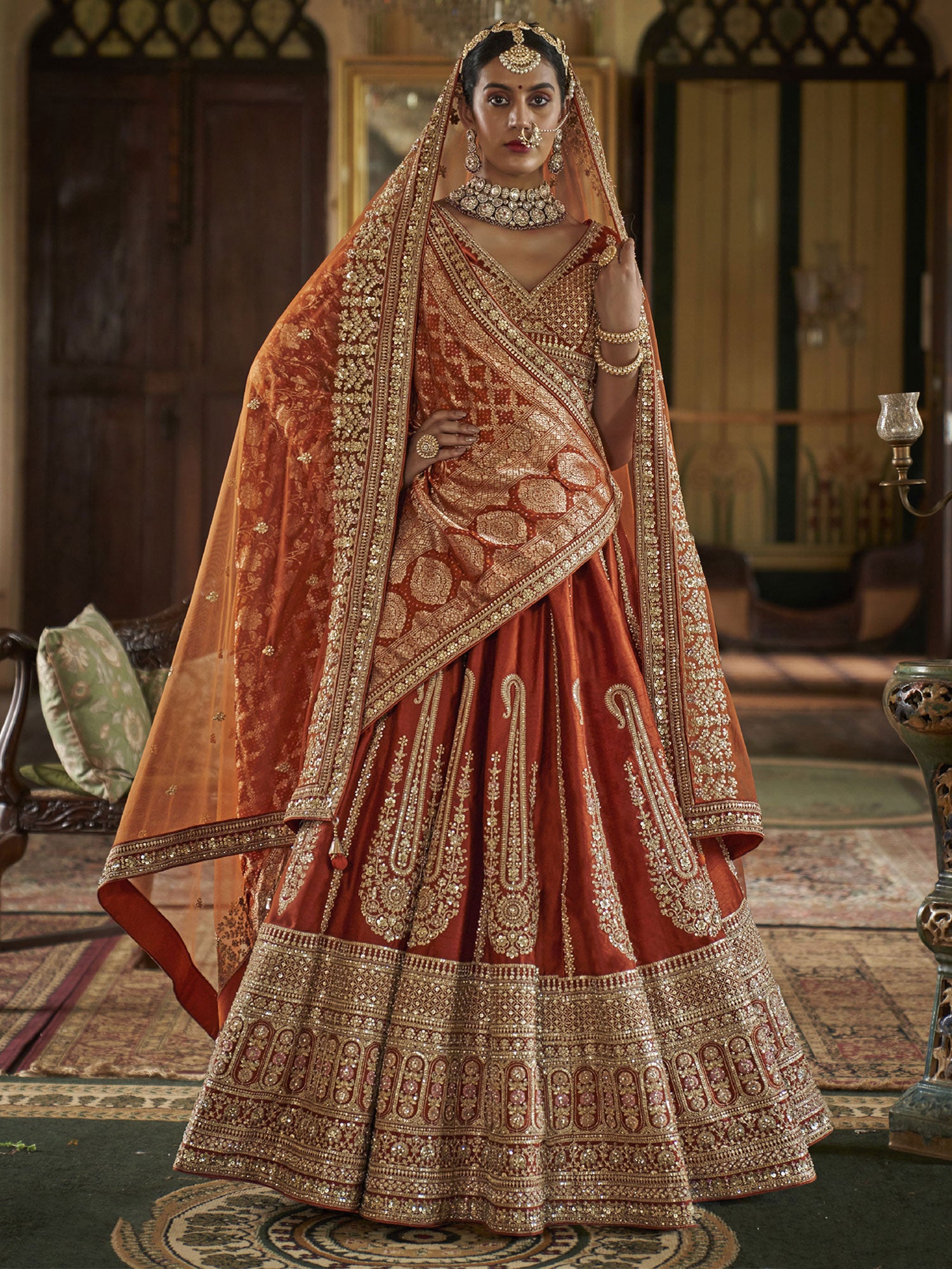 Rust Designer Bridal Lehenga Set In Zari Embellishments