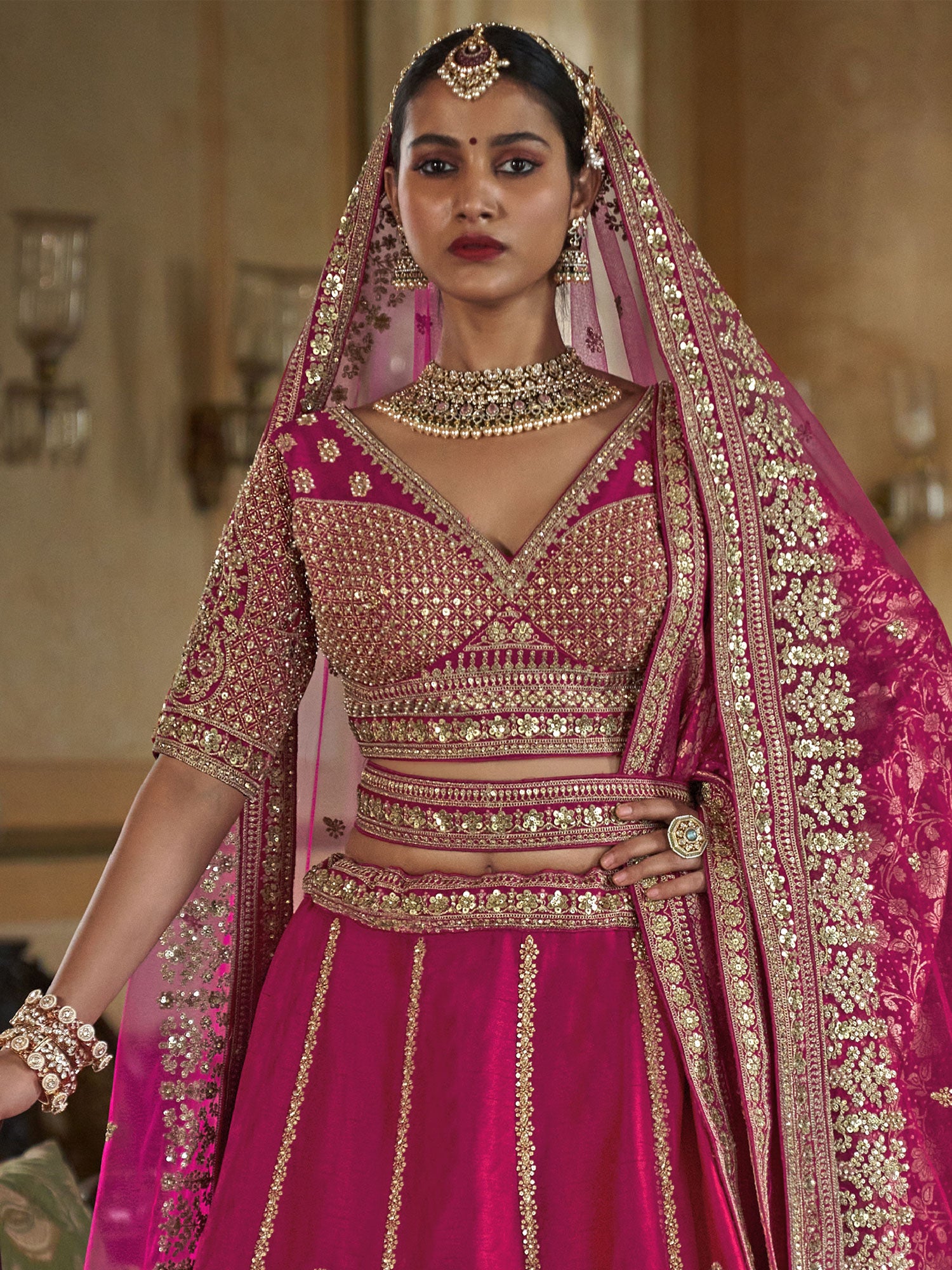 Pink Traditional Silk Lehenga Set In Stone Embroidery