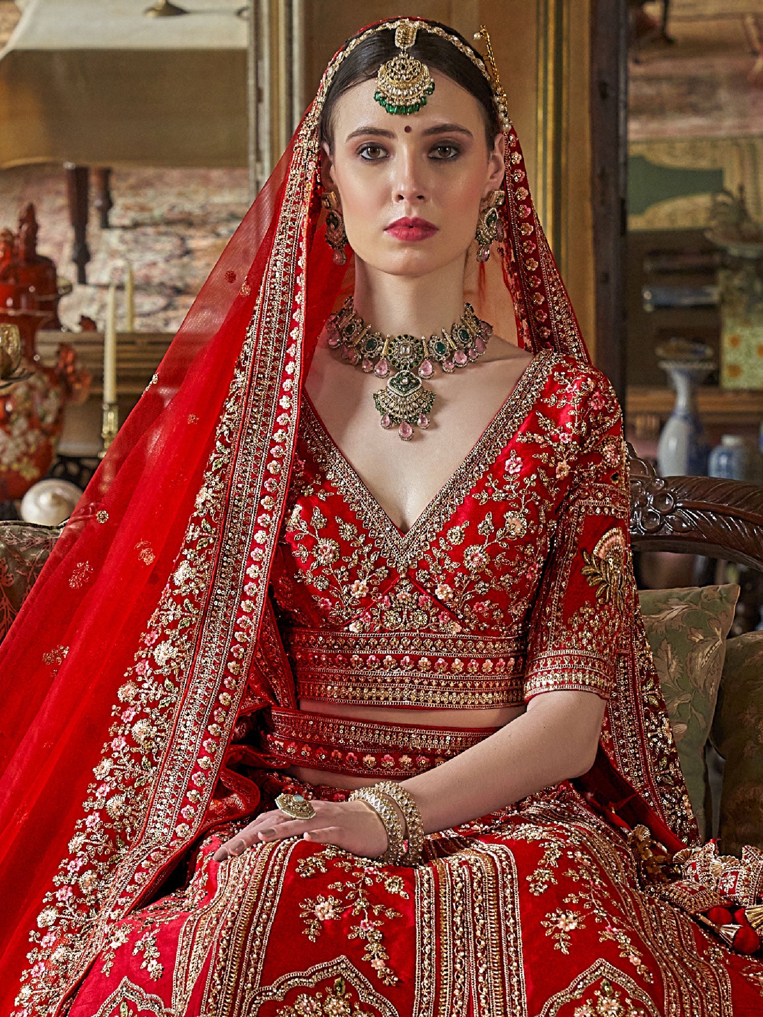 Bright Red Floral Embellished Bridal Silk Lehenga Set