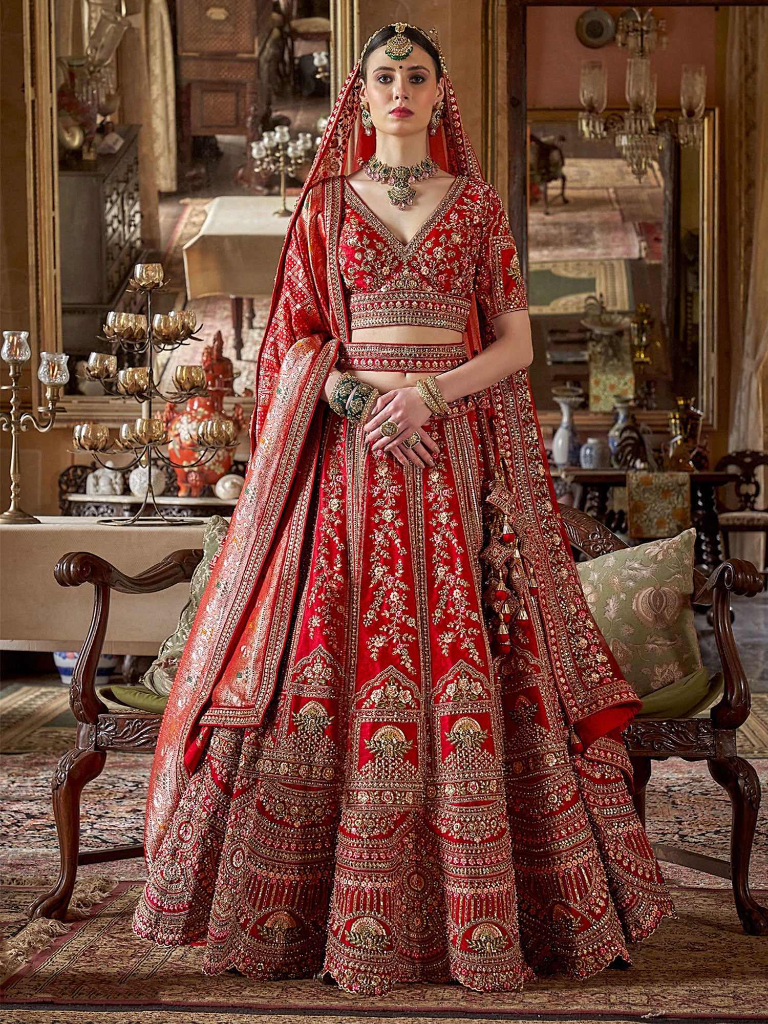 Bright Red Floral Embellished Bridal Silk Lehenga Set