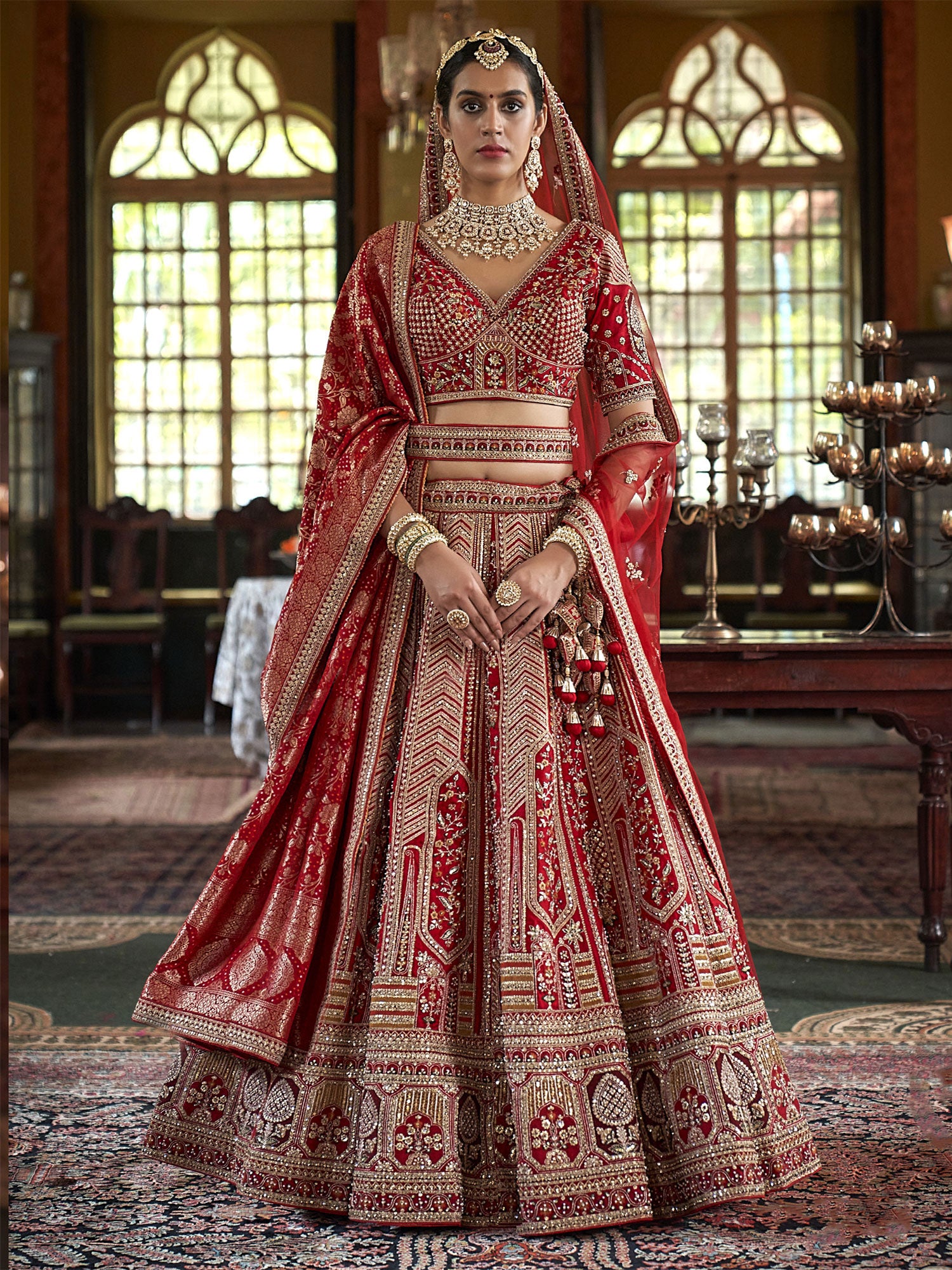 Red Designer Bridal Lehenga Set In Stone Embellishments