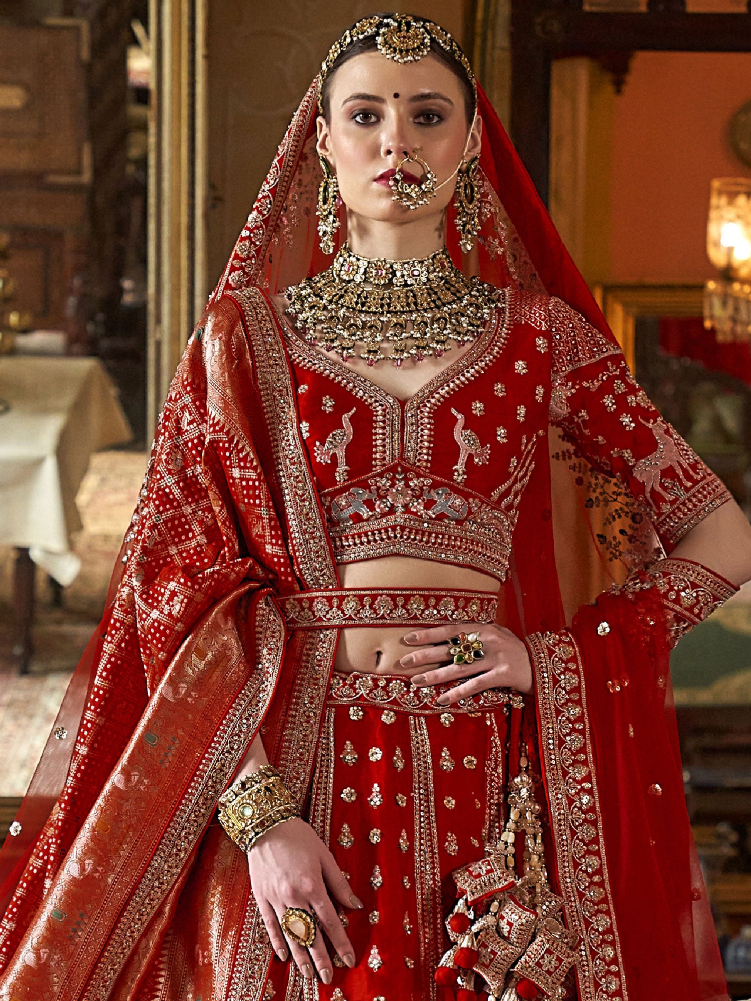 Cherry Red Traditional Wear Lehenga Set In Zari Work