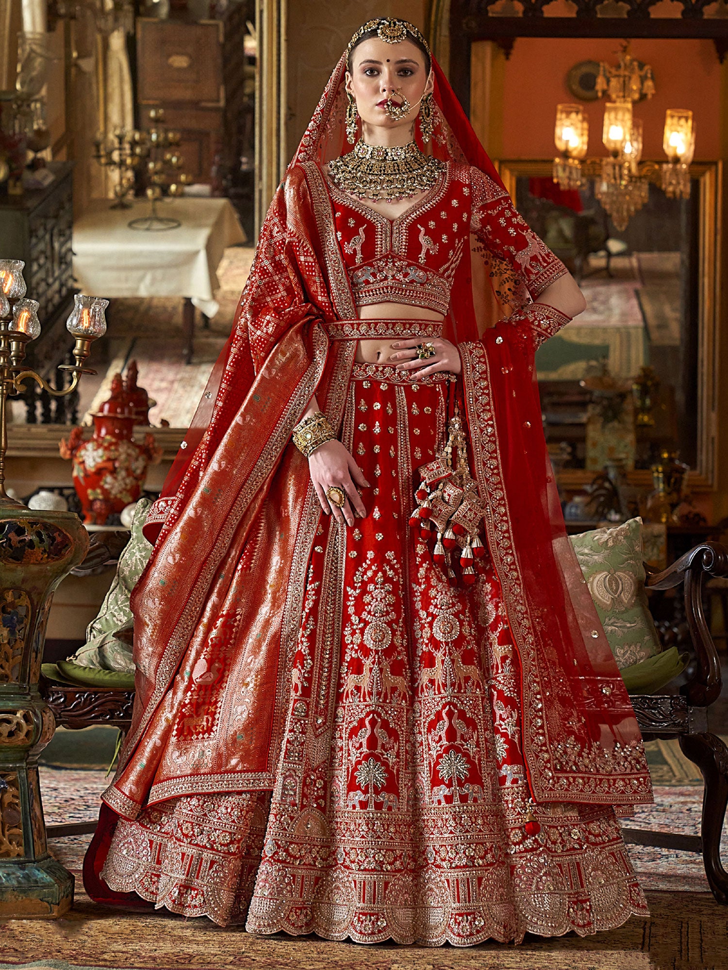 Cherry Red Traditional Wear Lehenga Set In Zari Work