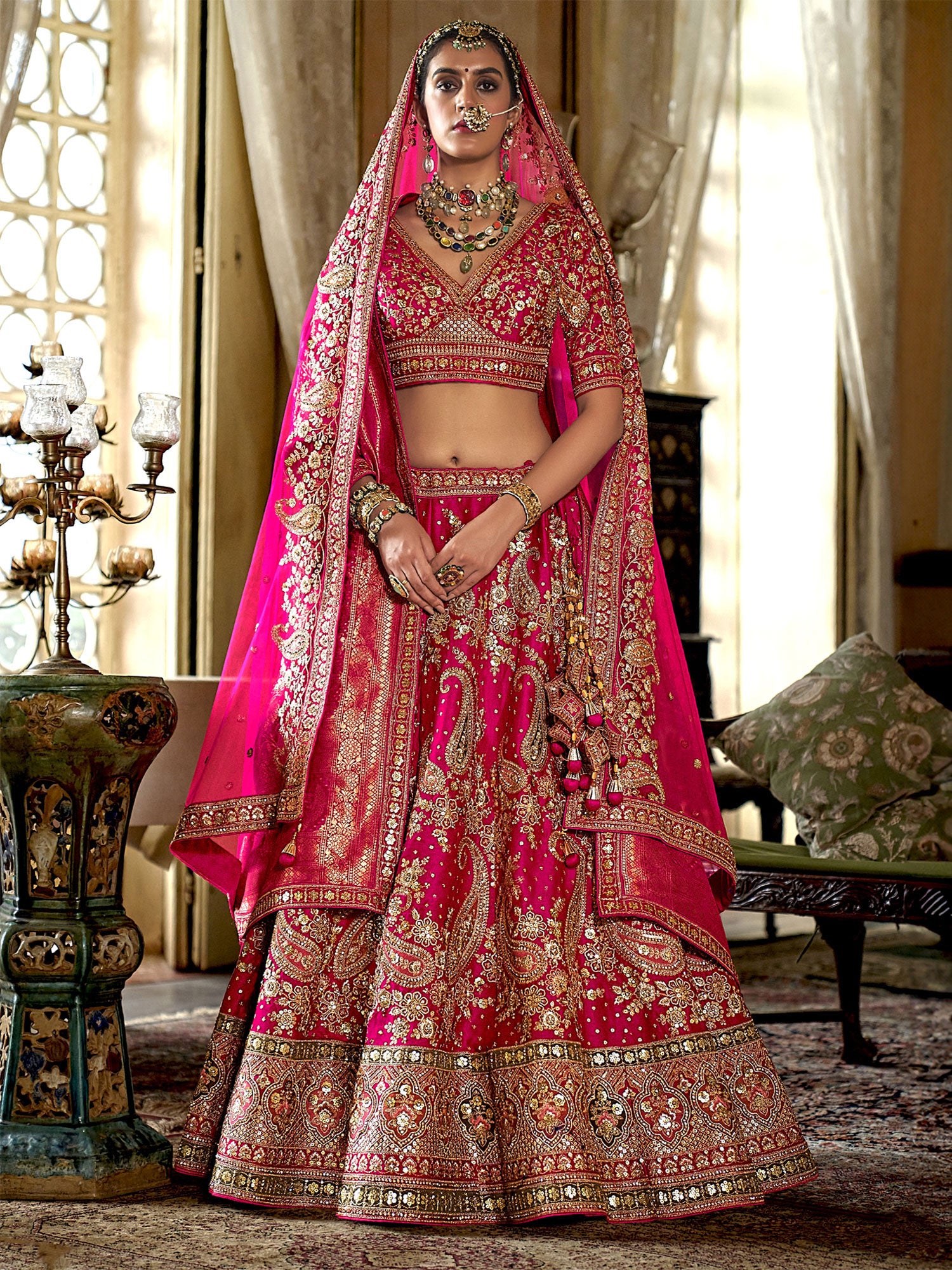 Rani Pink Zari Embellished Designer Silk Lehenga Set
