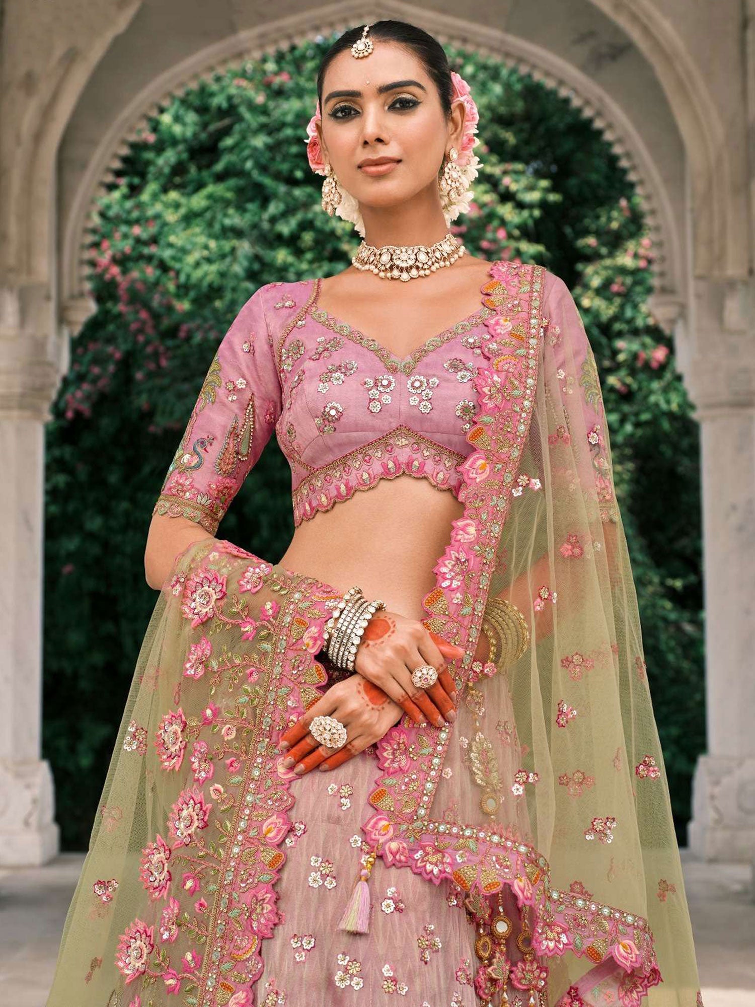 Green And Pink Ombre Shaded Silk Lehenga Set