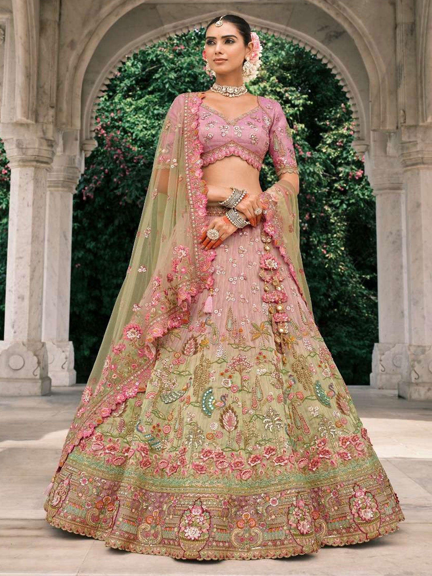 Green And Pink Ombre Shaded Silk Lehenga Set