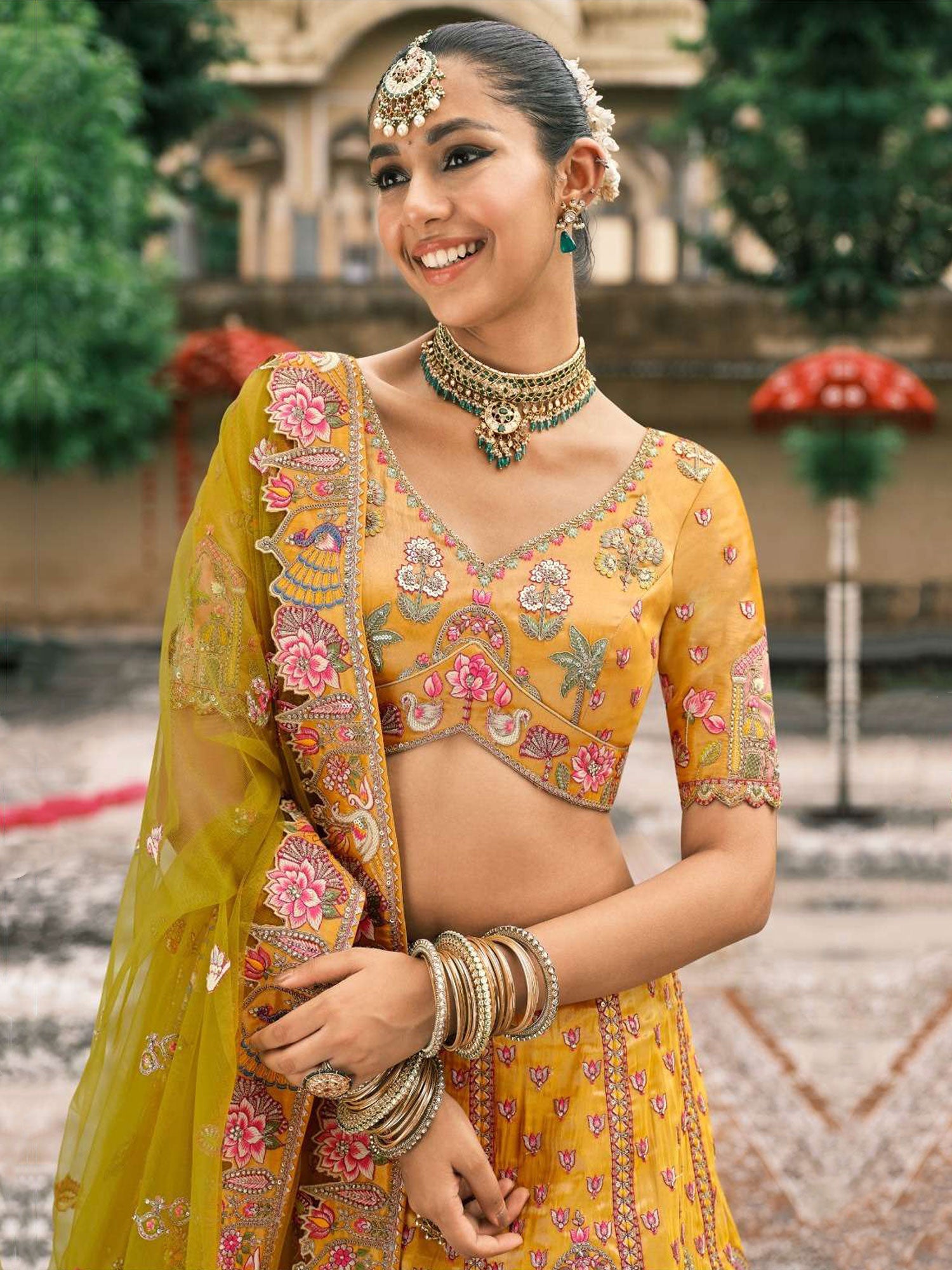 Yellow Embroidered Traditional Wear Lehengas Set