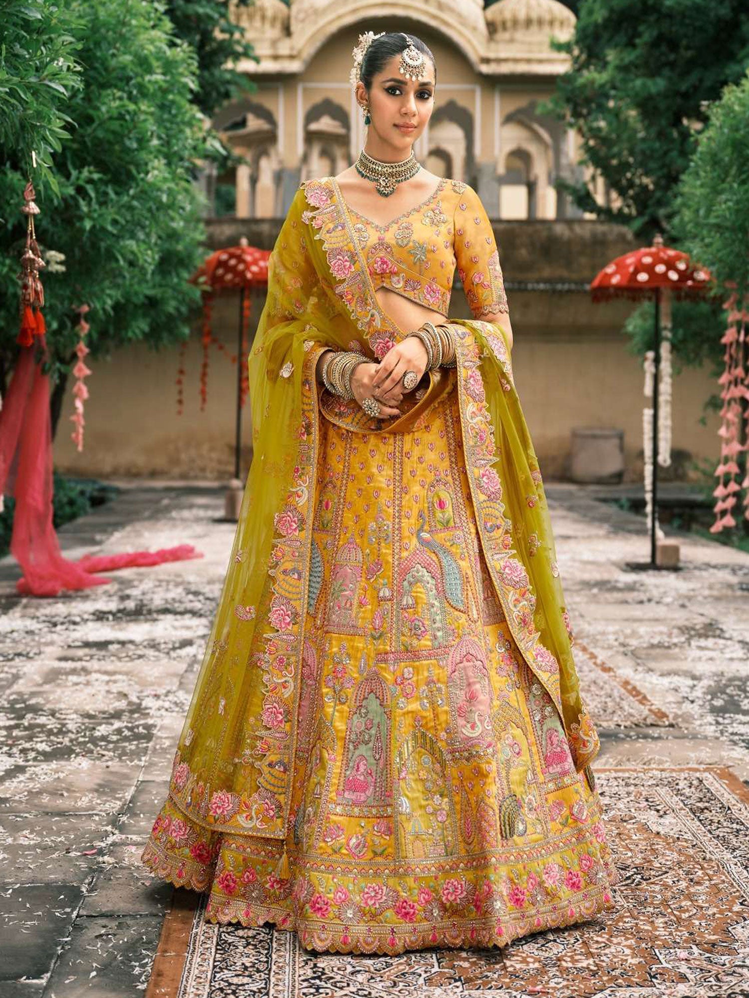 Yellow Embroidered Traditional Wear Lehengas Set