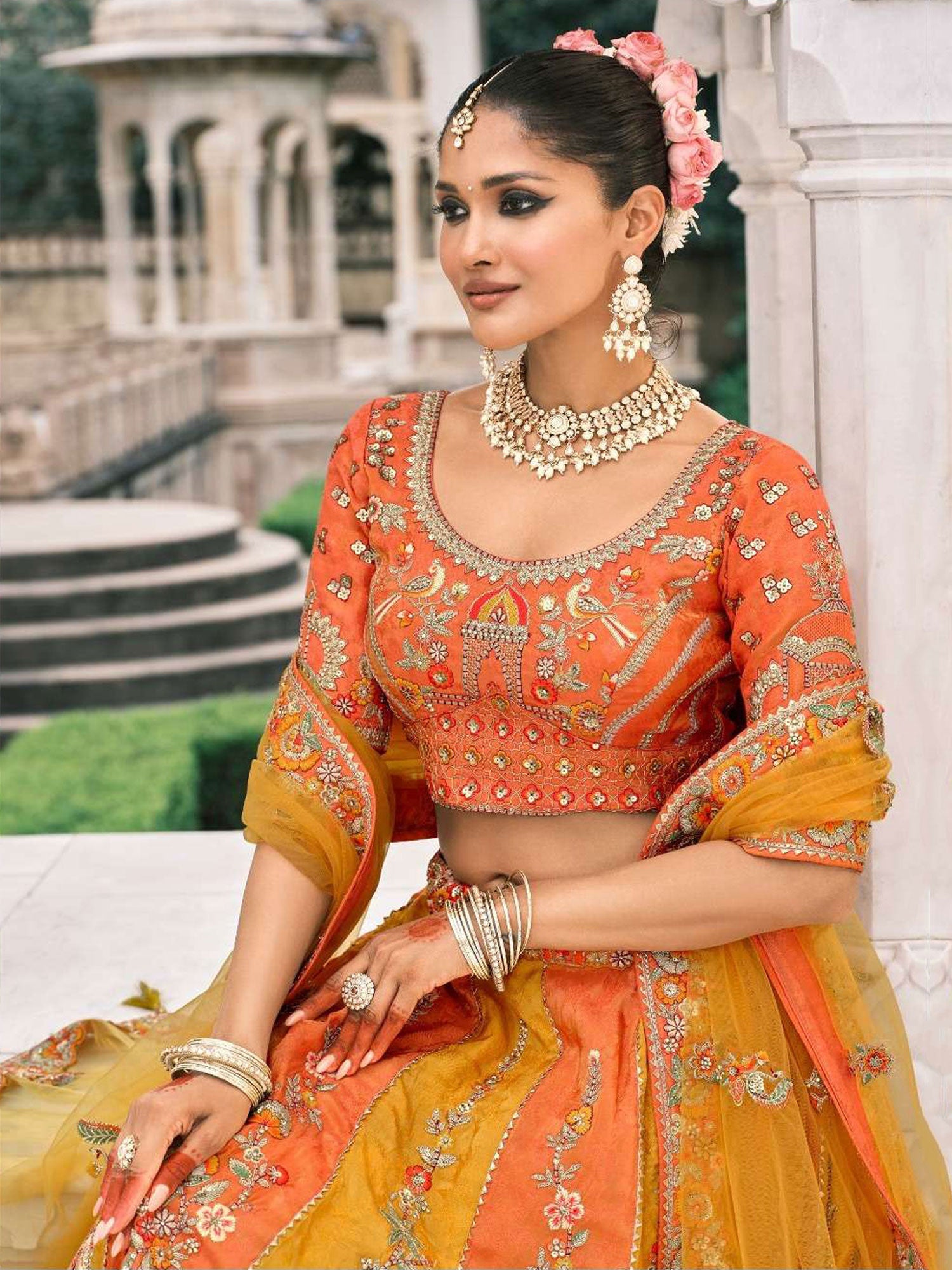 Yellow And Orange Floral Work Designer Lehenga Set
