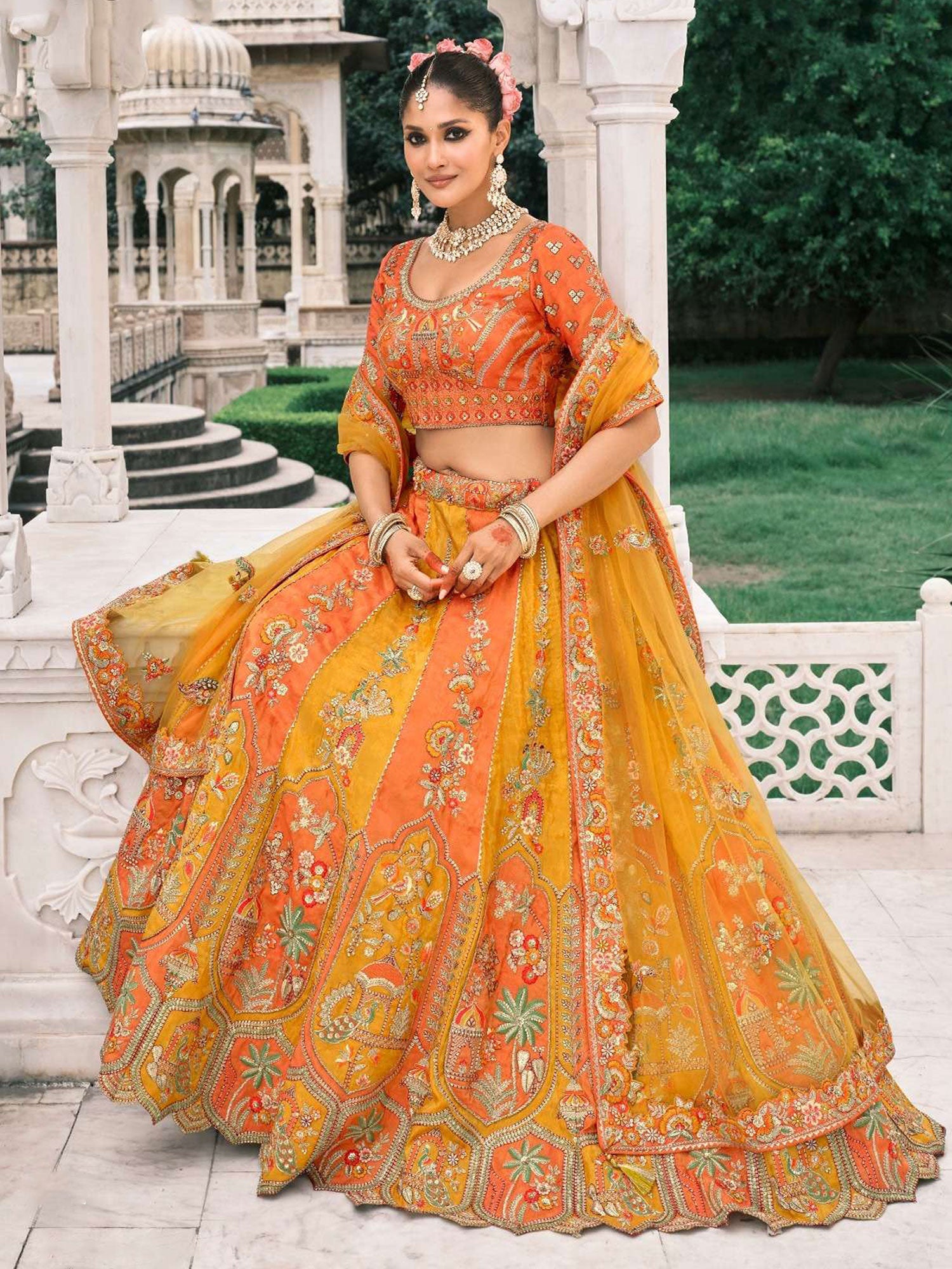 Yellow And Orange Floral Work Designer Lehenga Set