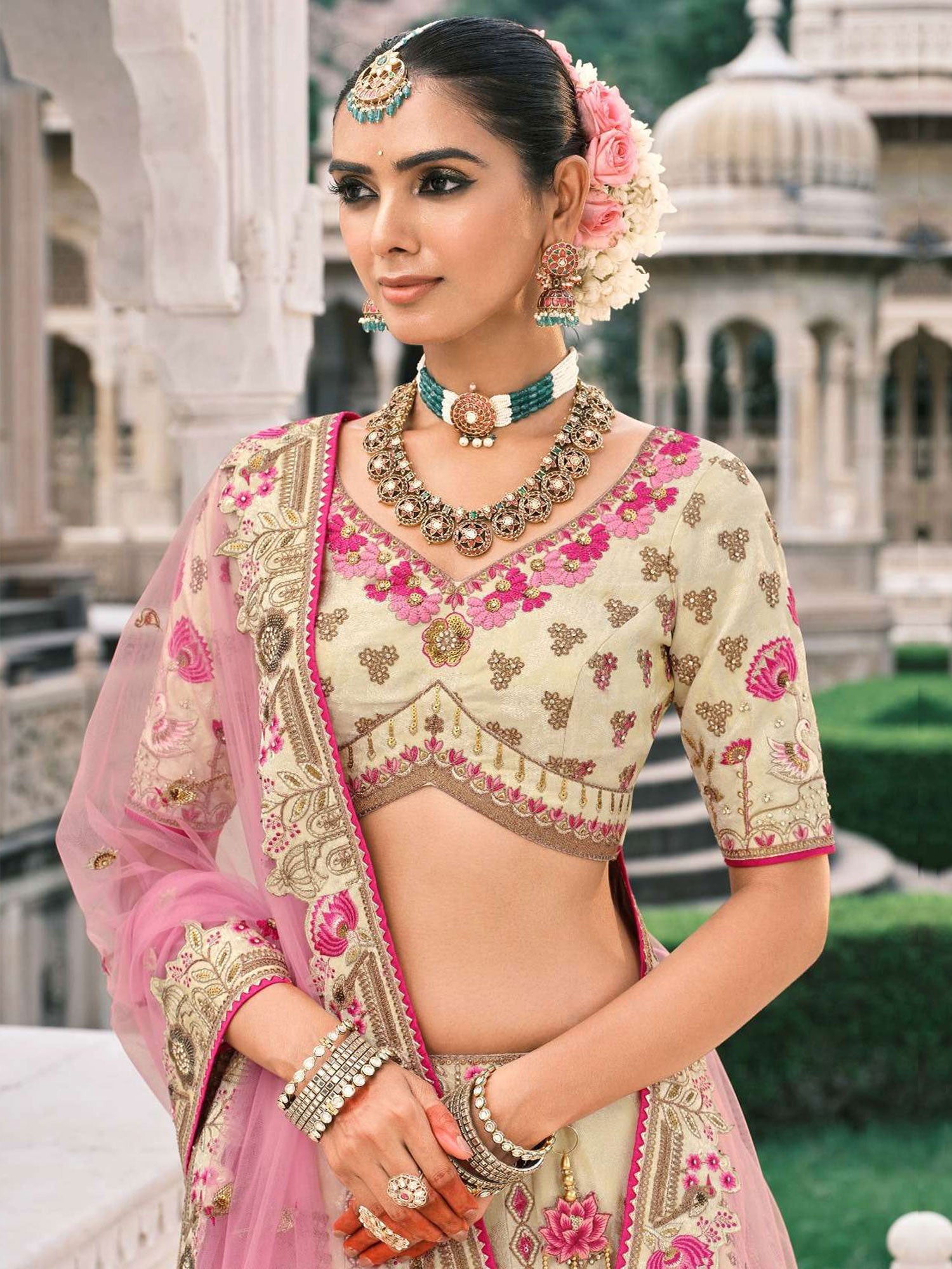 Cream Thread Embellished Wedding Lehenga Choli