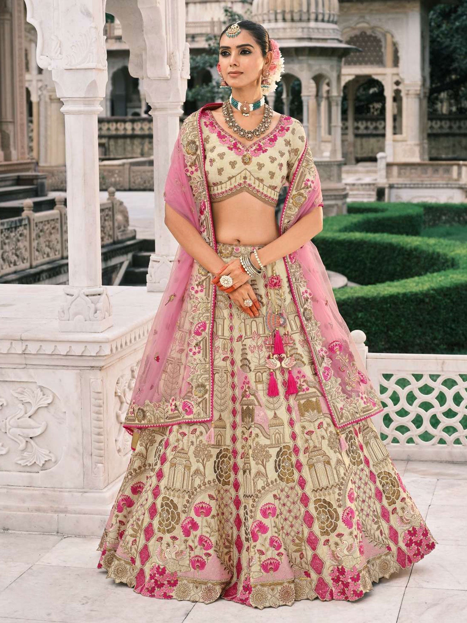 Cream Thread Embellished Wedding Lehenga Choli