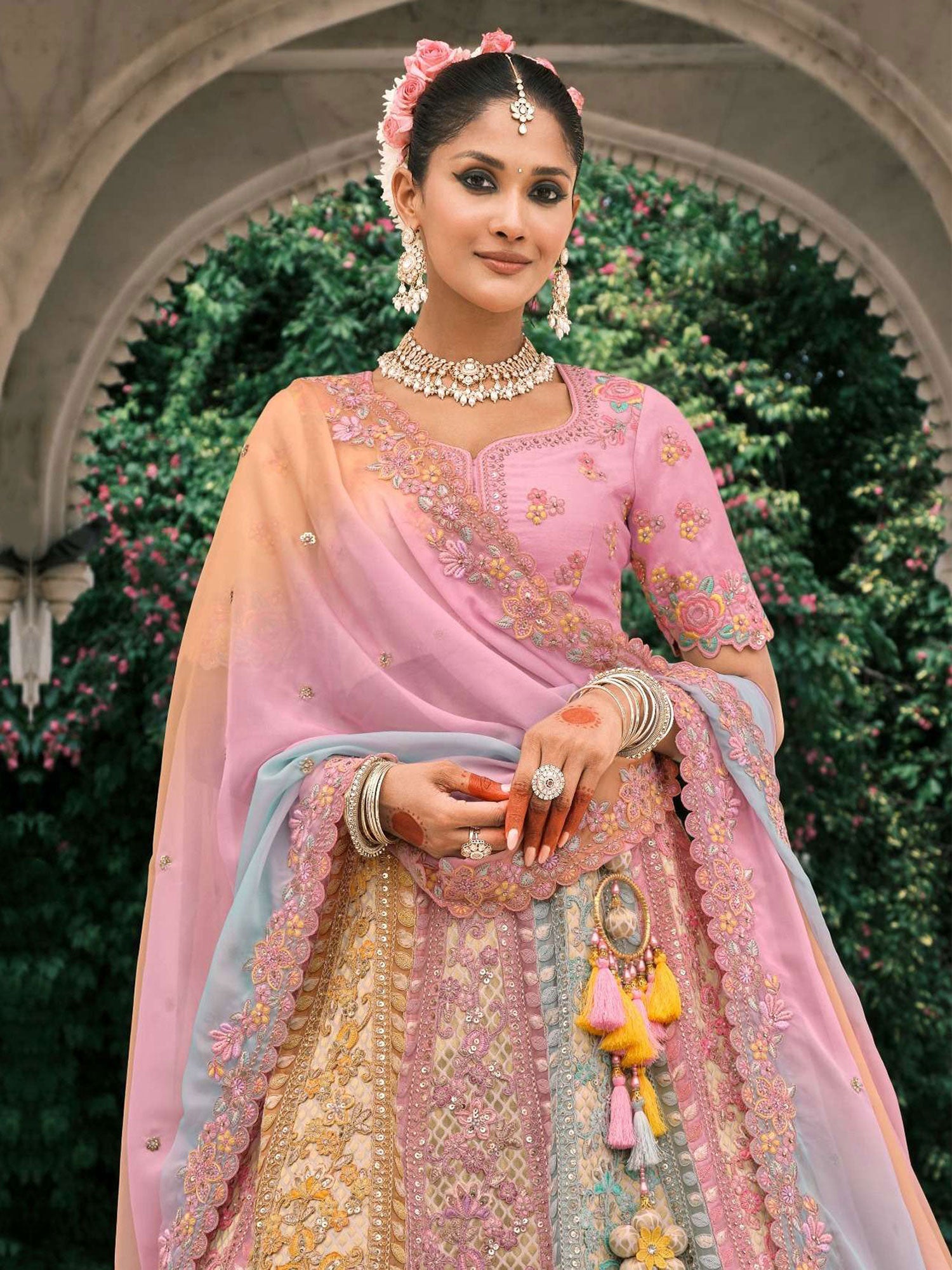 Multicolor Wedding Lehenga Set With Floral Embellishments