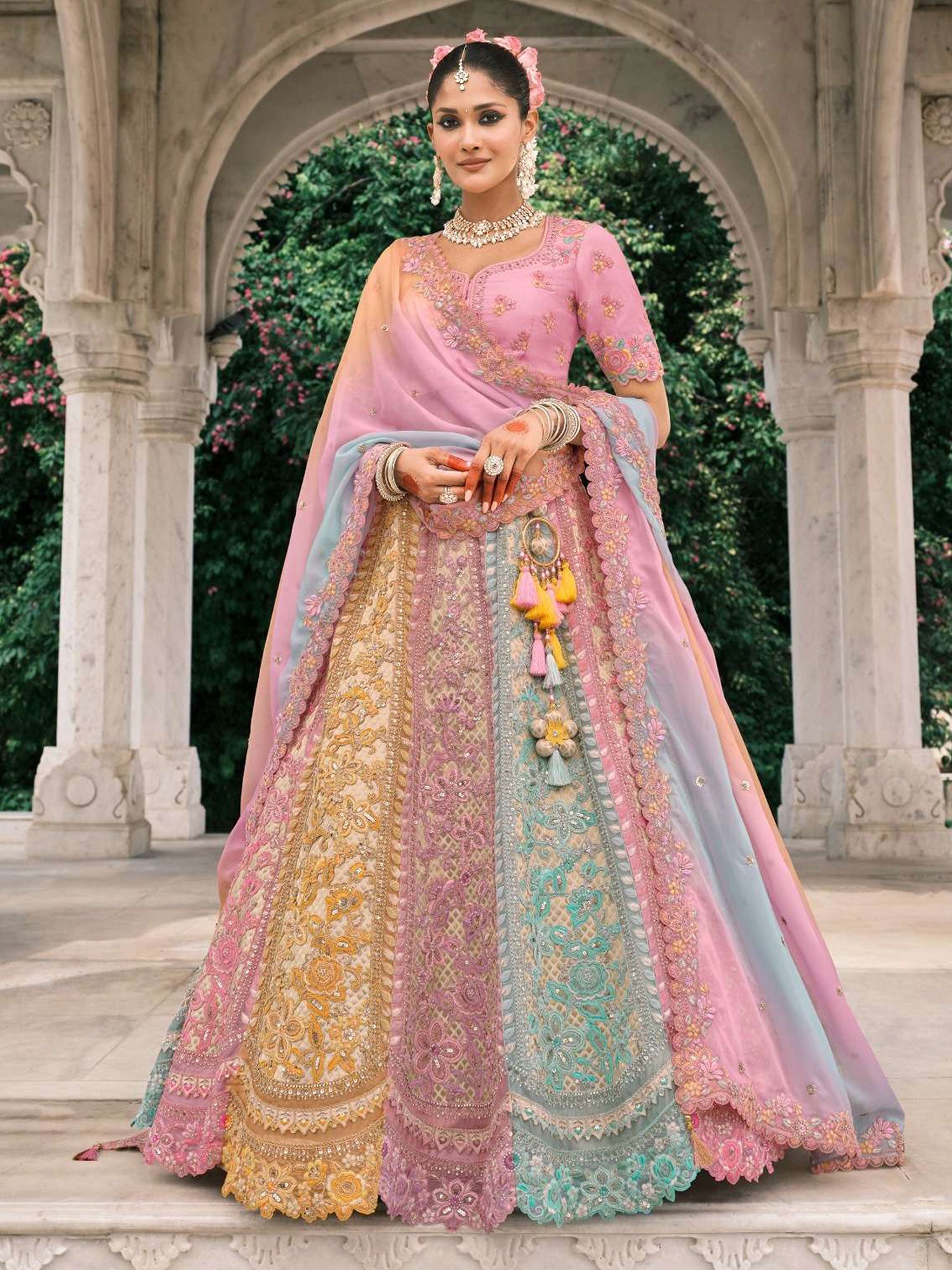 Multicolor Wedding Lehenga Set With Floral Embellishments