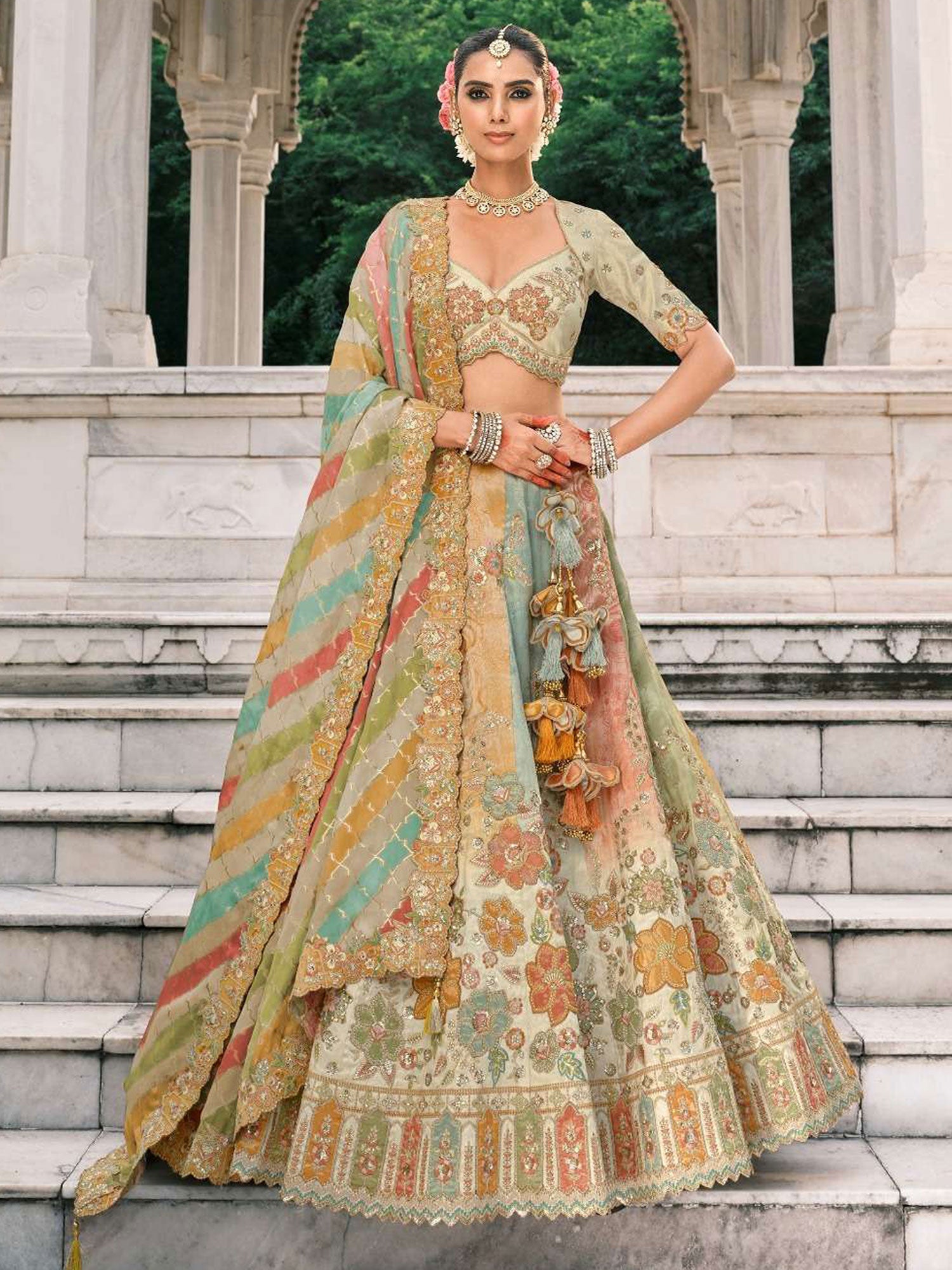Multicolor Floral Thread Enhanced Shaded Lehenga Set