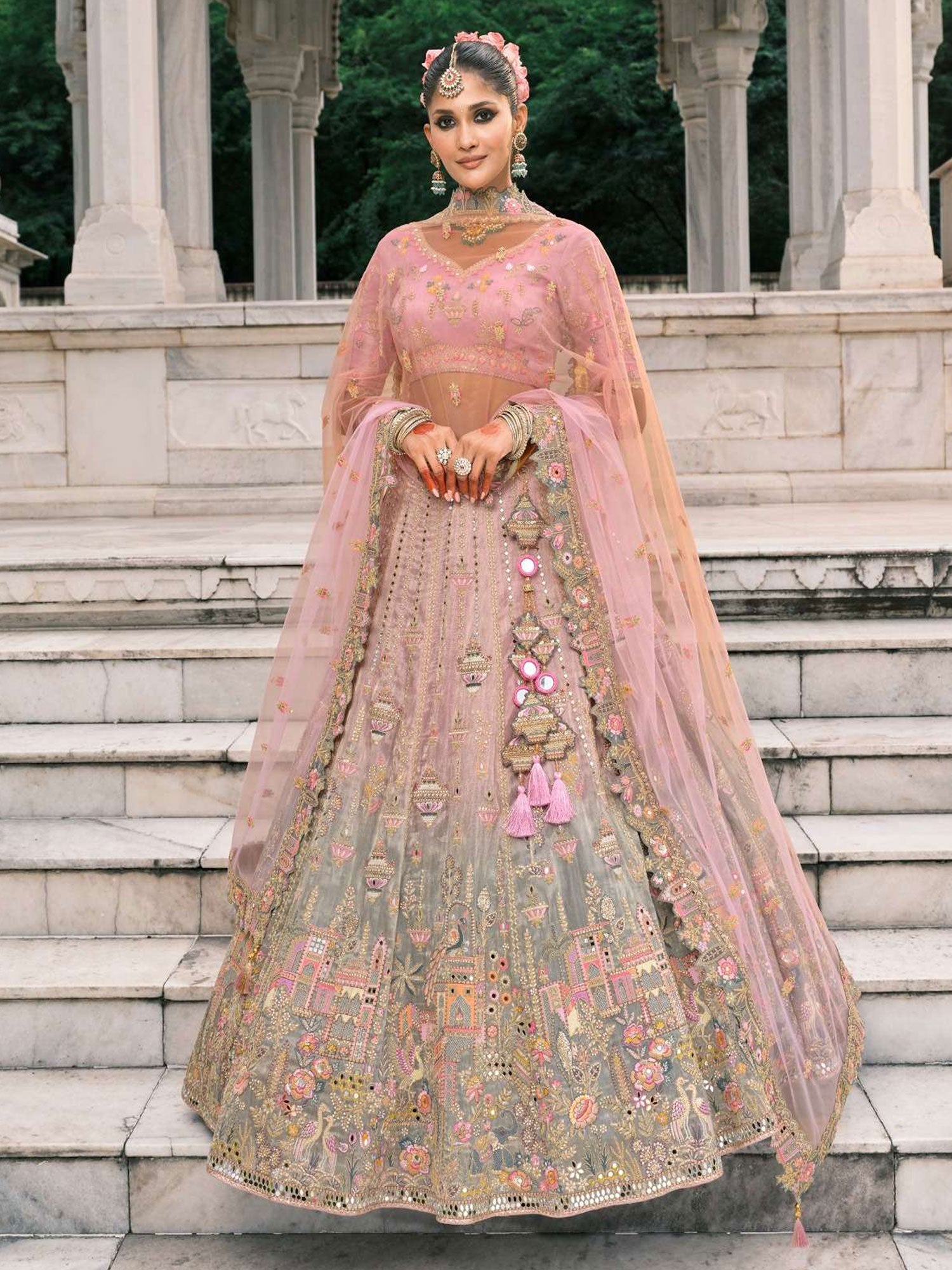 Pink And Grey Shaded Lehenga Choli In Mirror Work