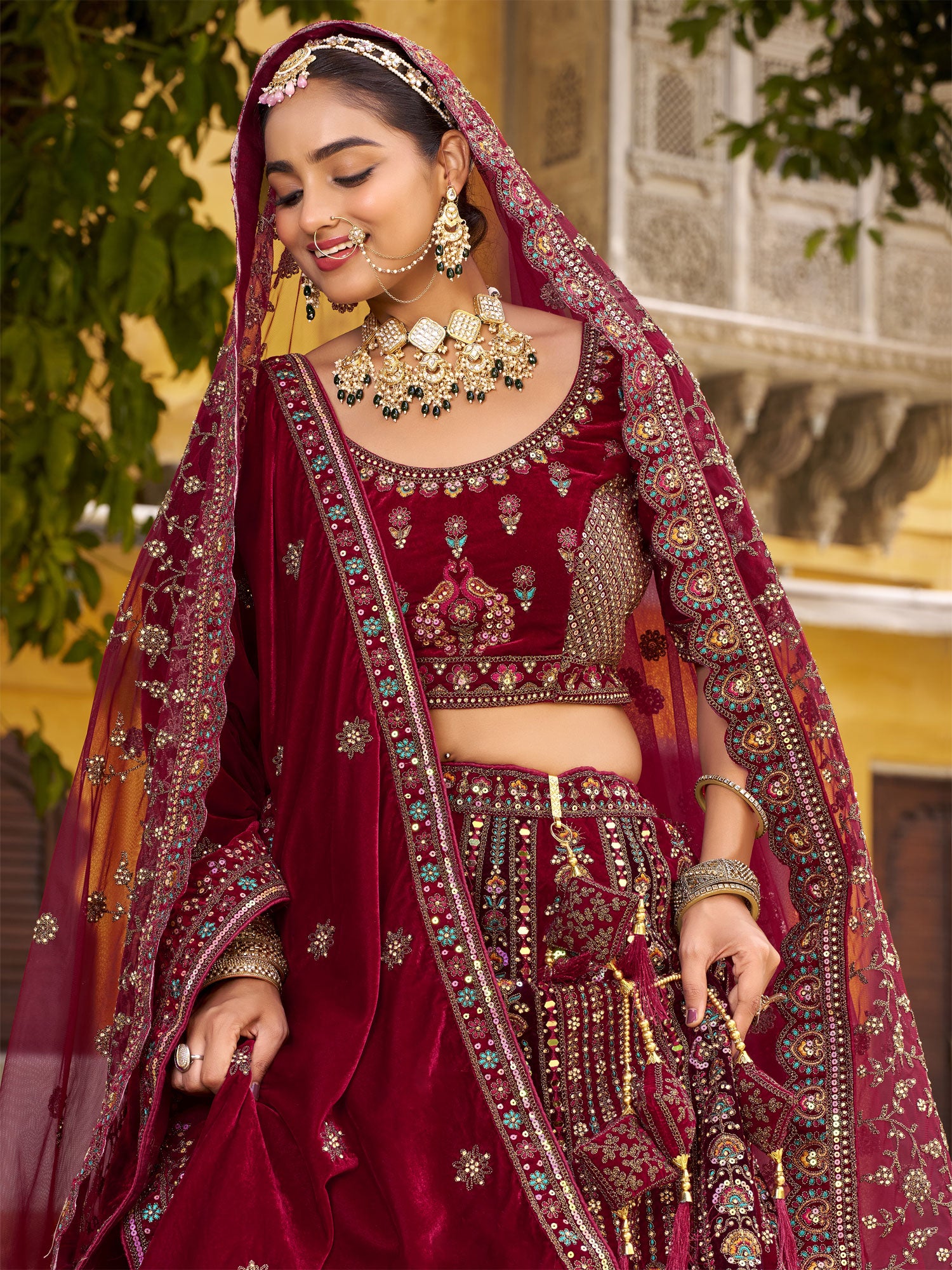 Maroon Floral Thread Embroidered Bridal Lehenga Set