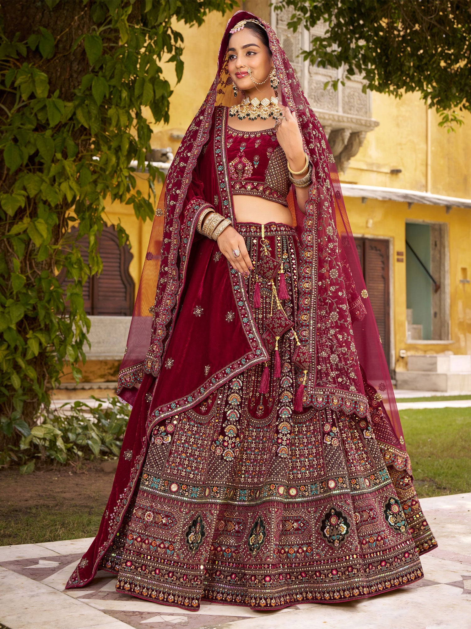 Maroon Floral Thread Embroidered Bridal Lehenga Set