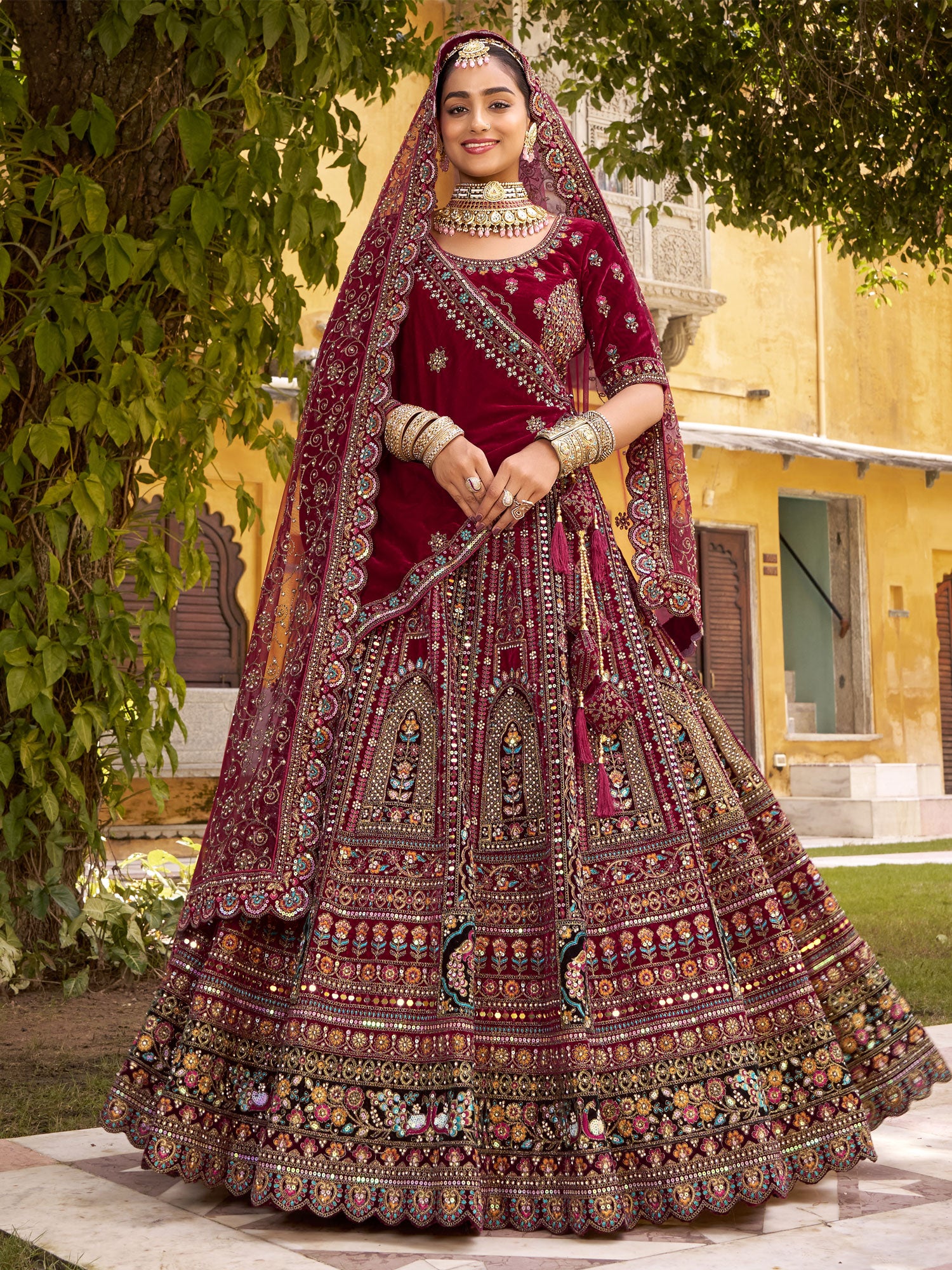 Maroon Velvet Lehenga Choli In Mirror Embellishments