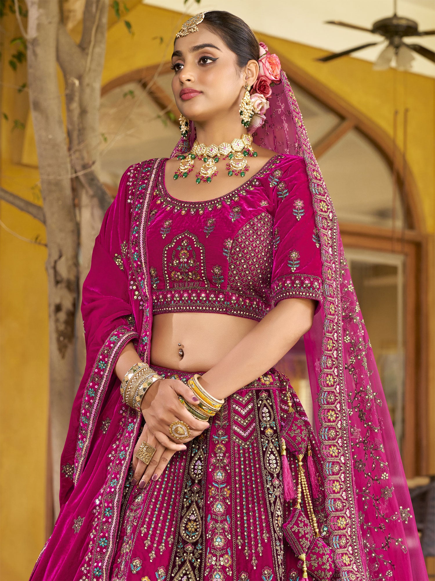 Multicolor Stone Embellished Bridal Lehenga Choli In Velvet
