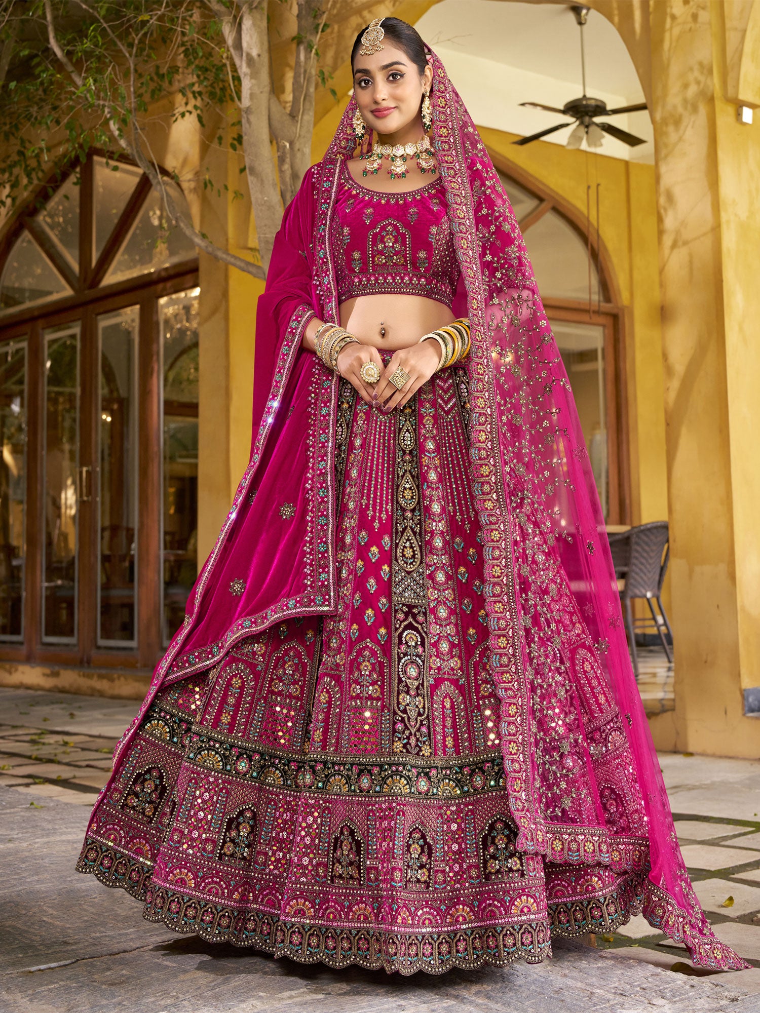 Multicolor Stone Embellished Bridal Lehenga Choli In Velvet