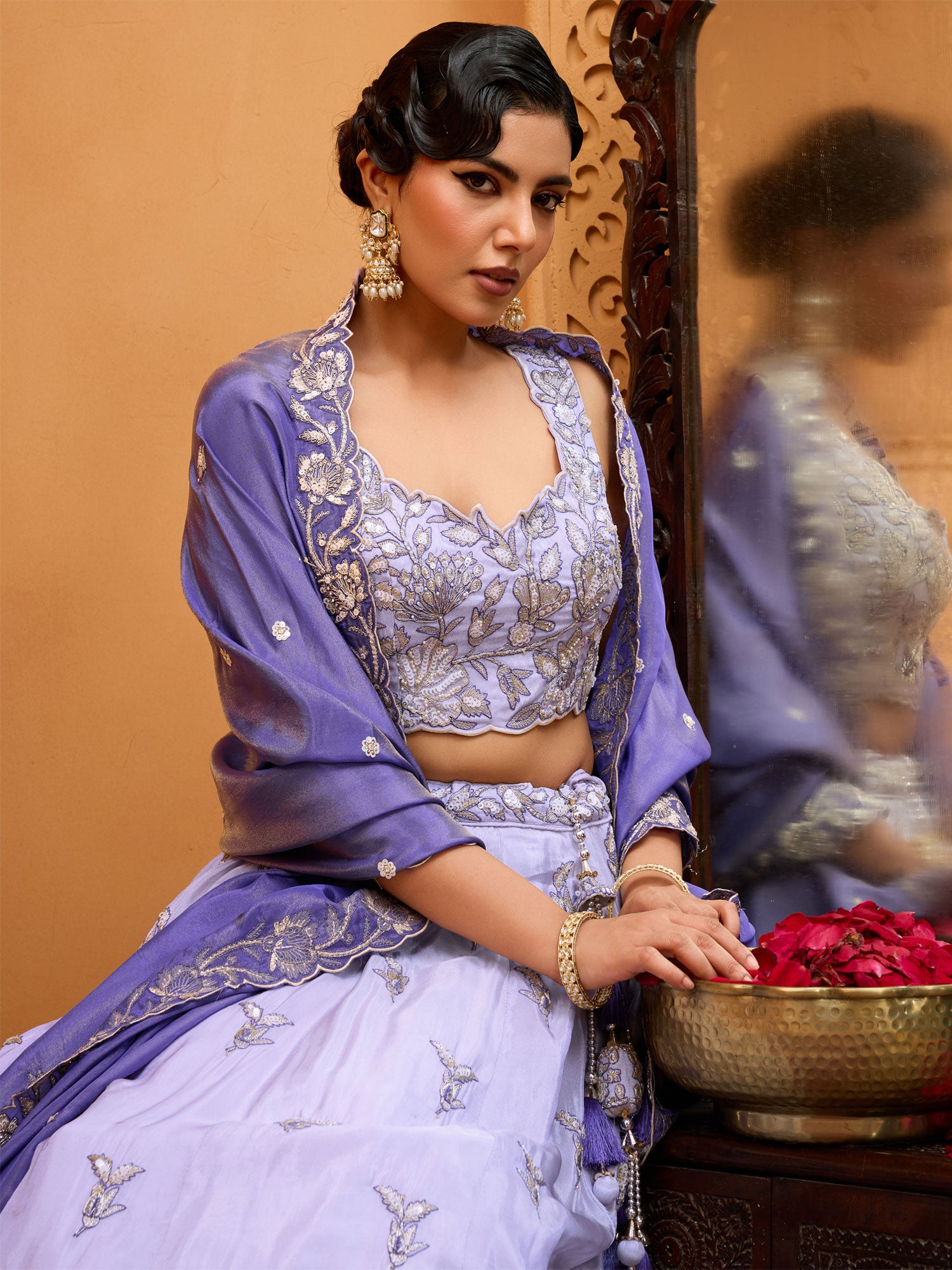 Lavender Purple Floral Silver Zari Work Lehenga Set