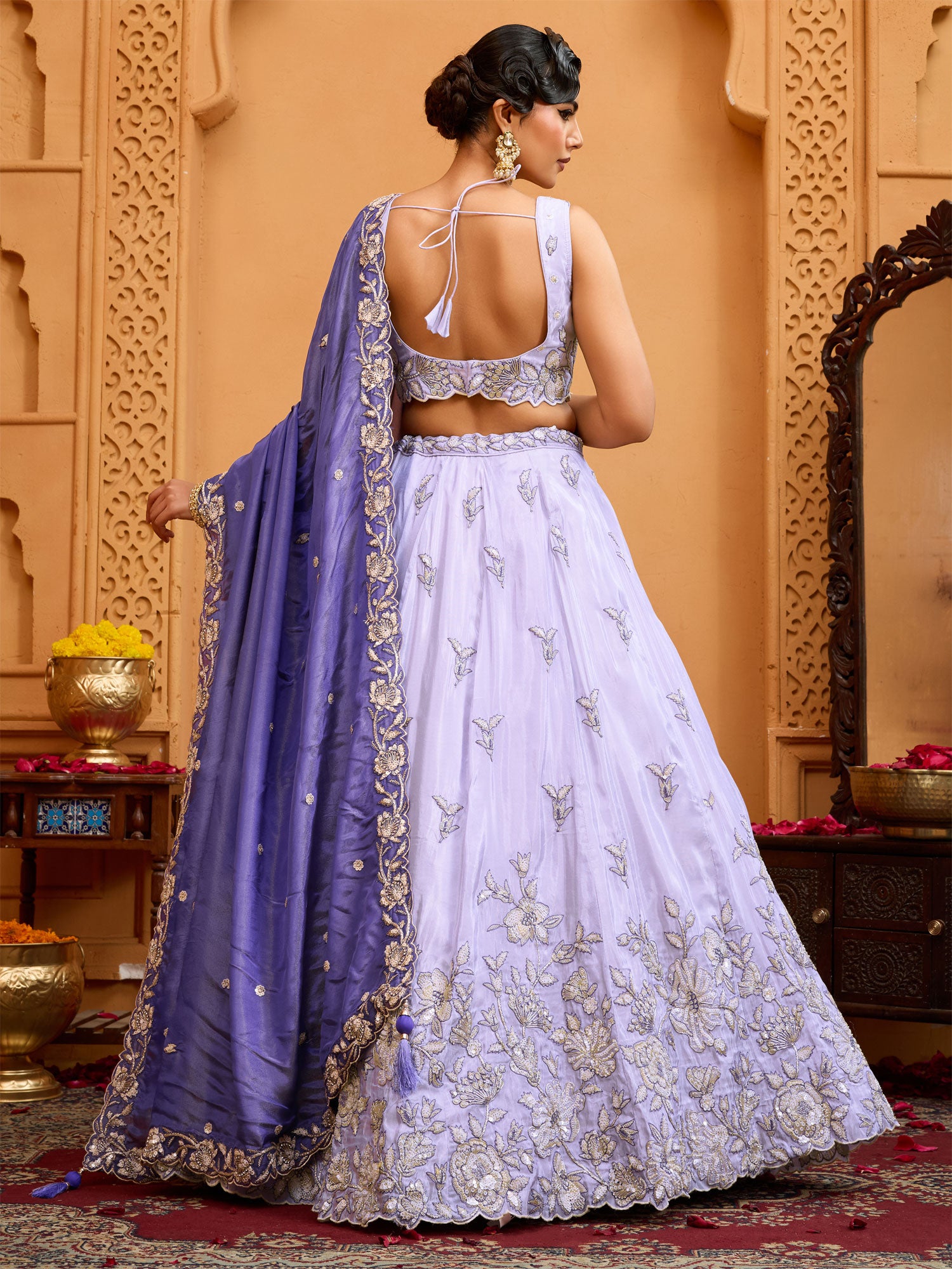 Lavender Purple Floral Silver Zari Work Lehenga Set