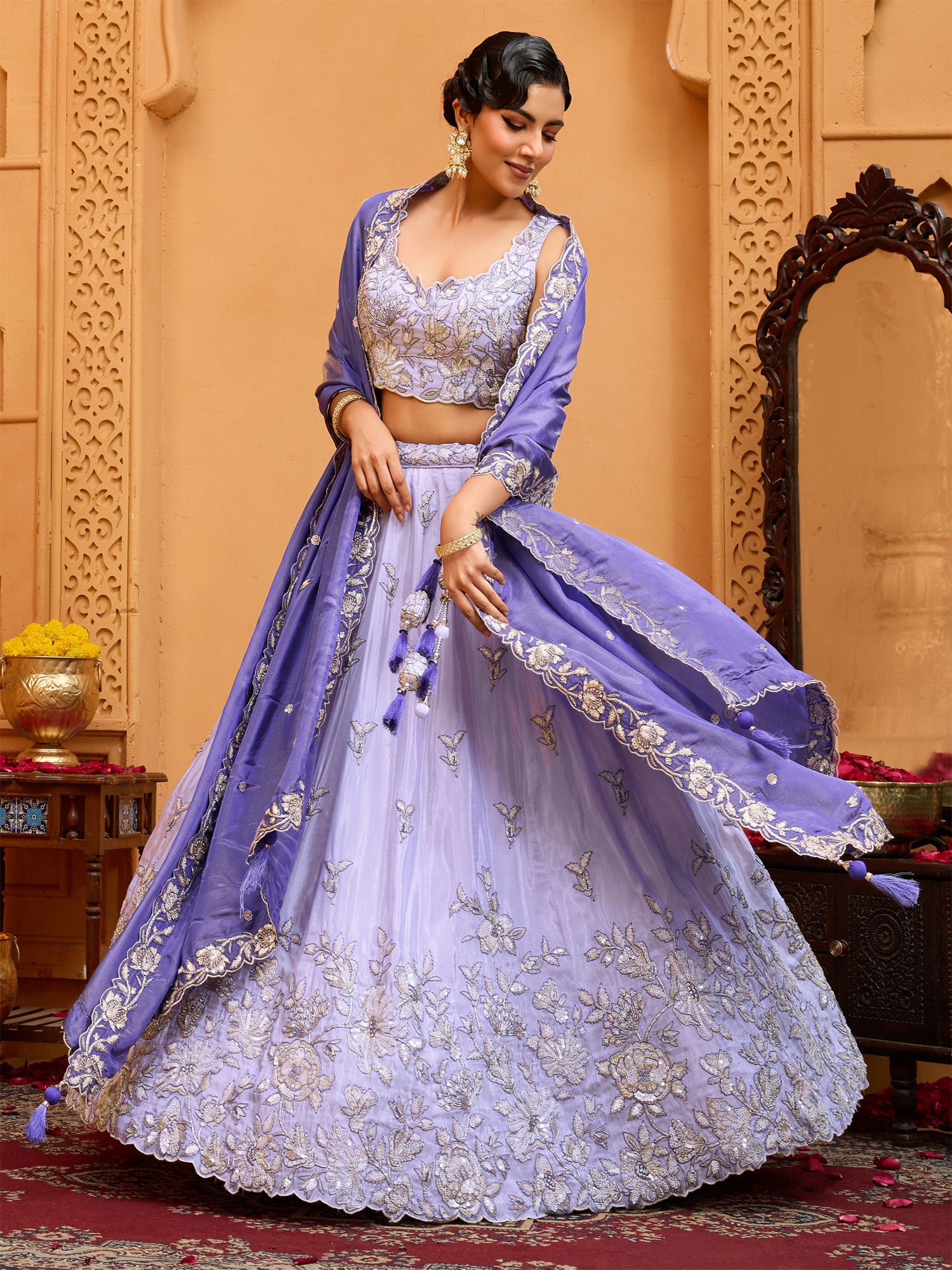 Lavender Purple Floral Silver Zari Work Lehenga Set