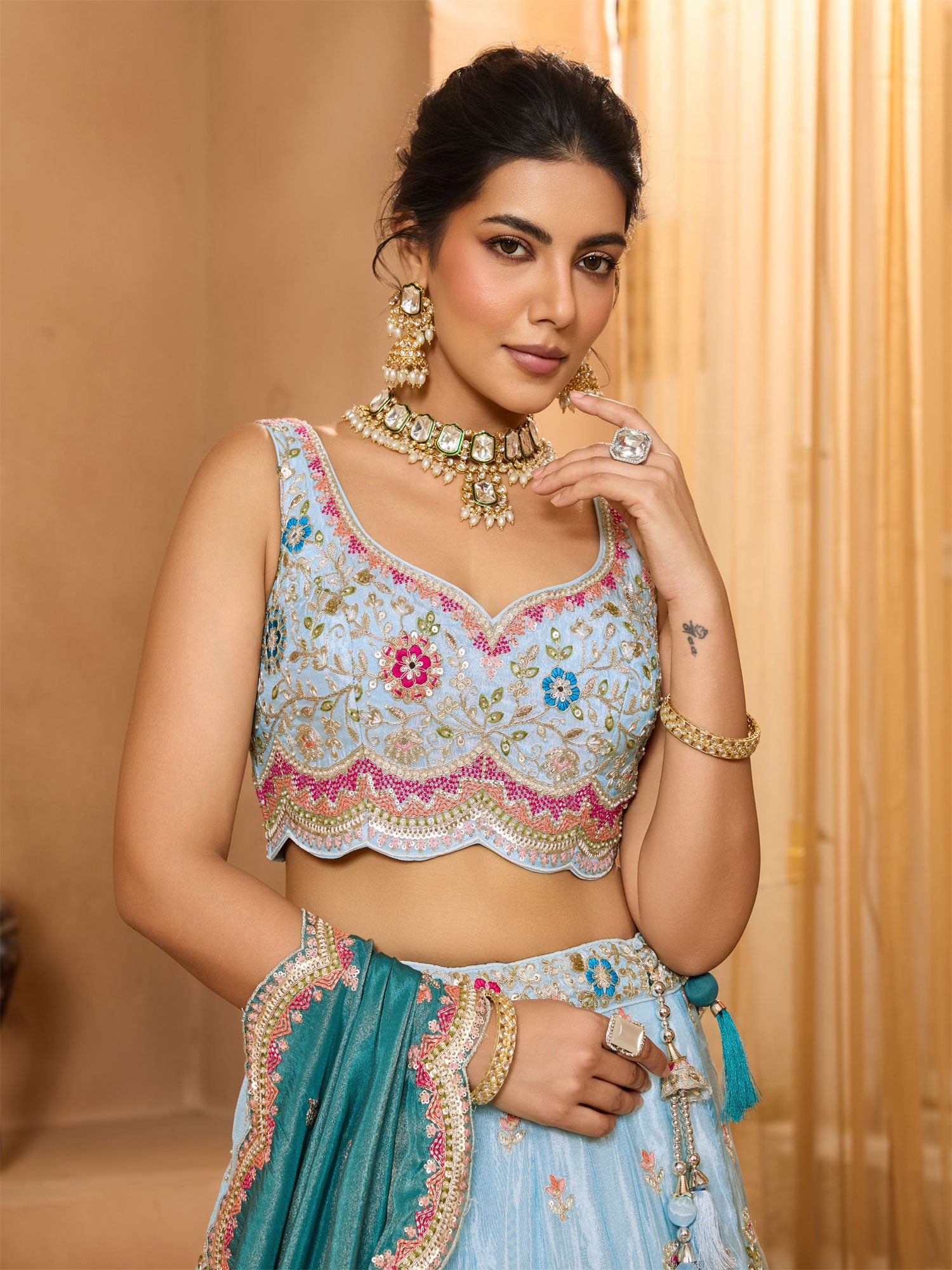 Light Blue Floral Zari Augmented Lehenga Choli