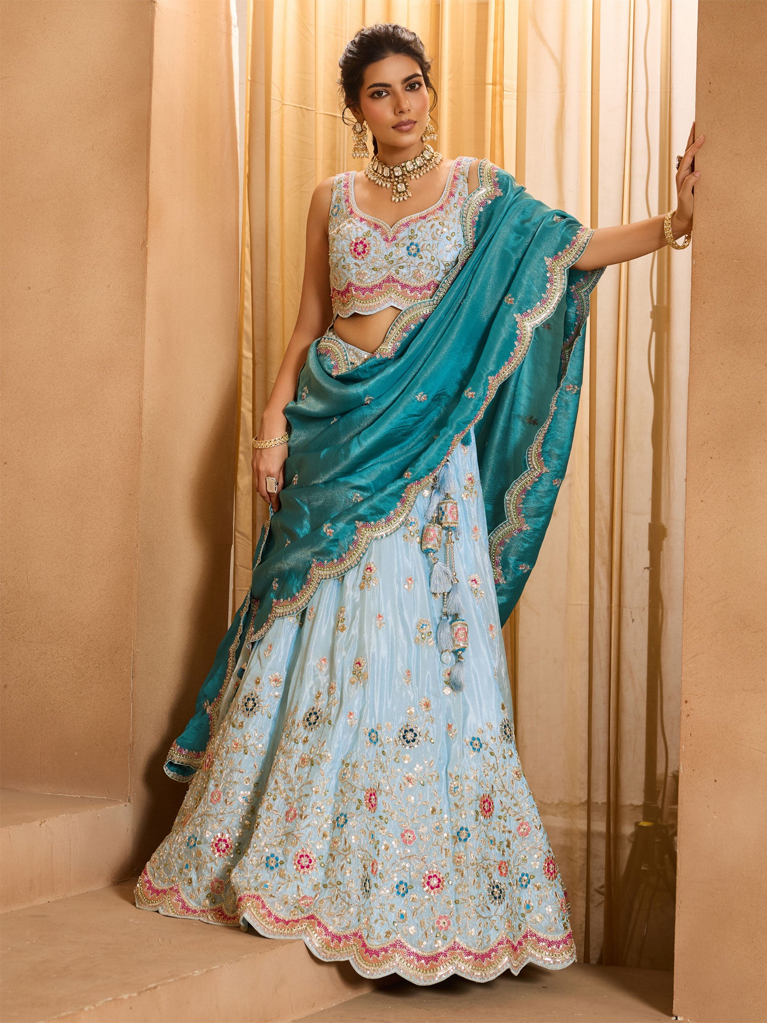Light Blue Floral Zari Augmented Lehenga Choli