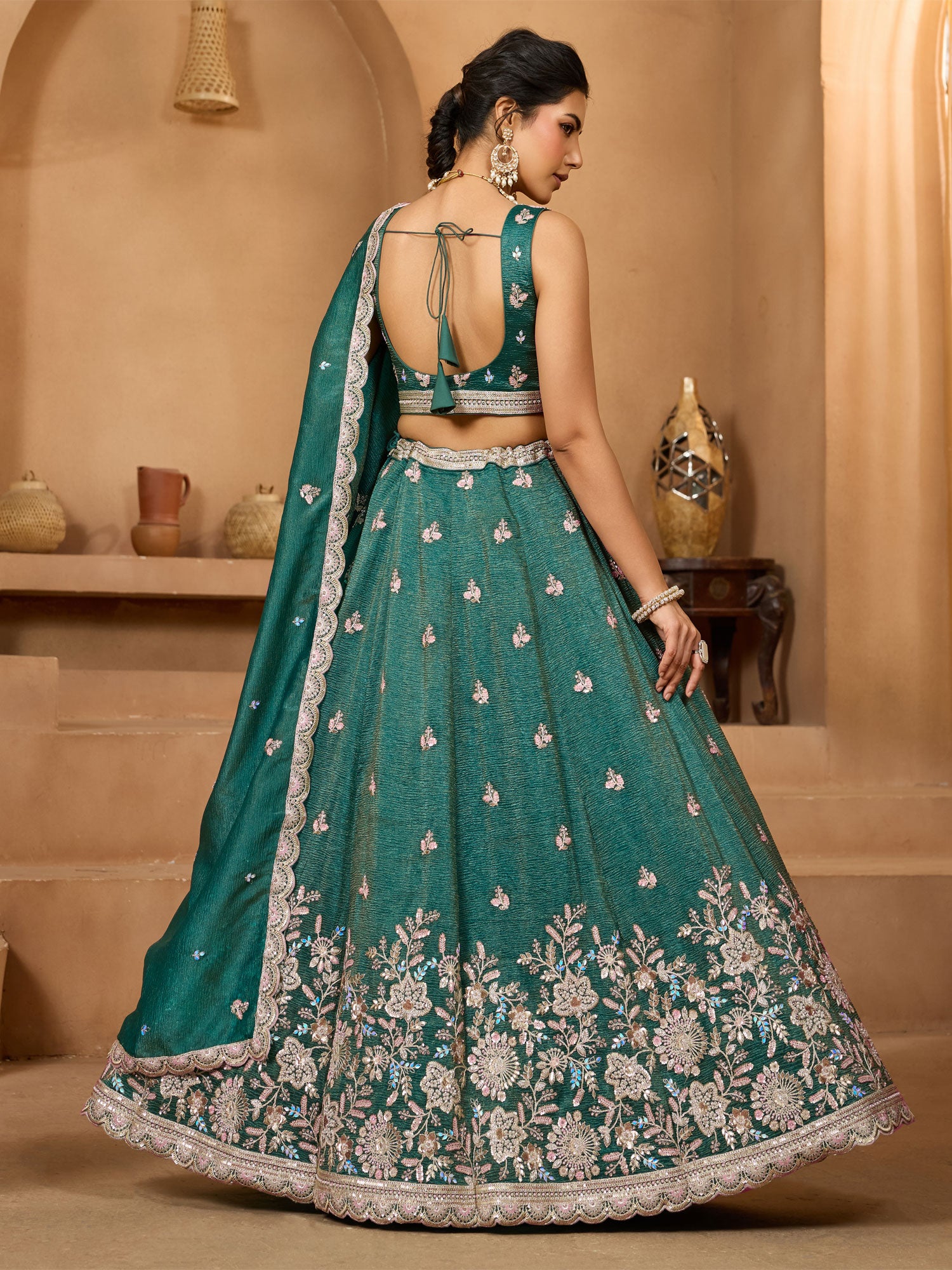 Teal Green Thread Work Embroidered Silk Lehenga Set