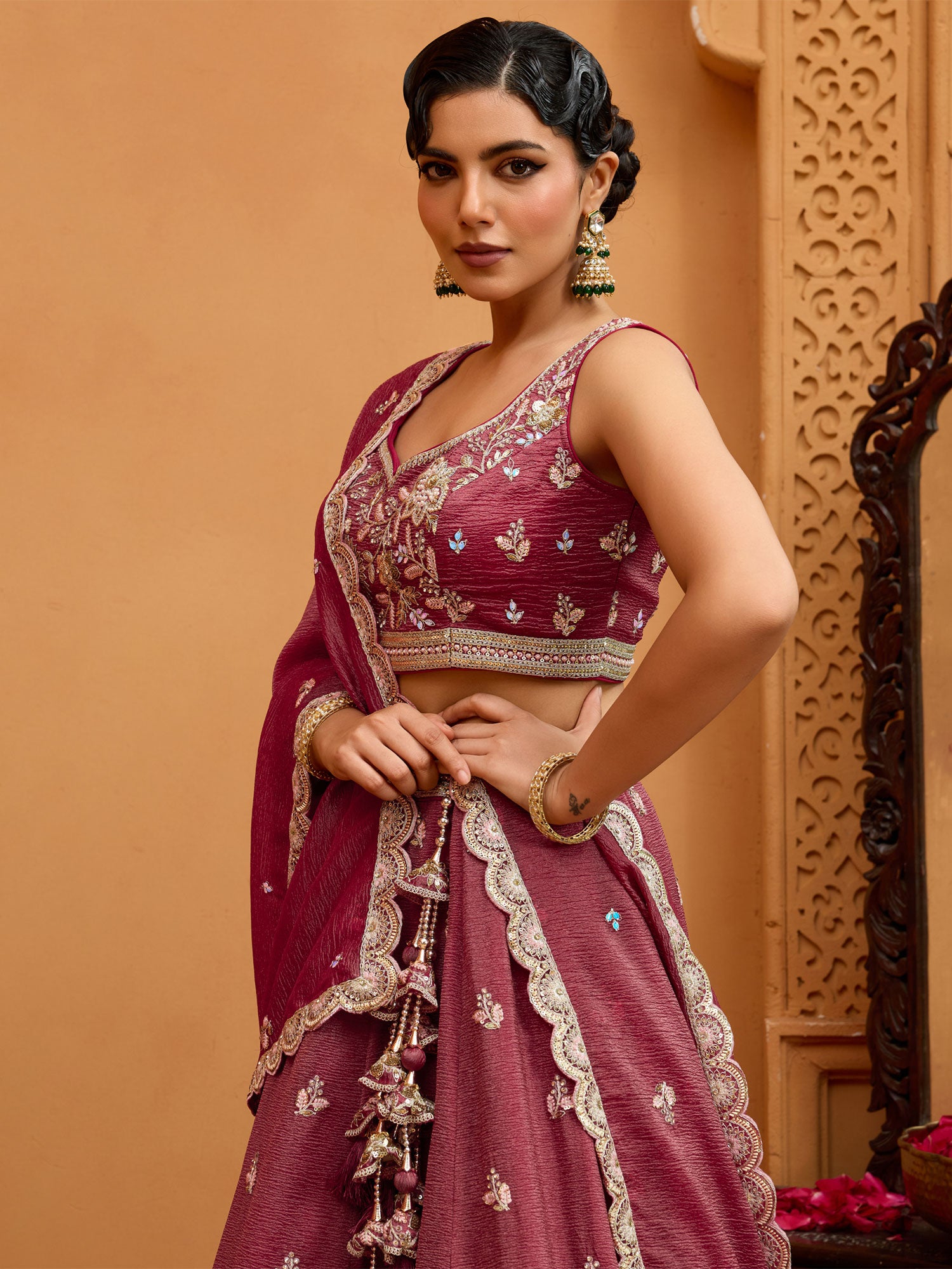 Pink Floral Embellished Wedding Lehenga Choli Set