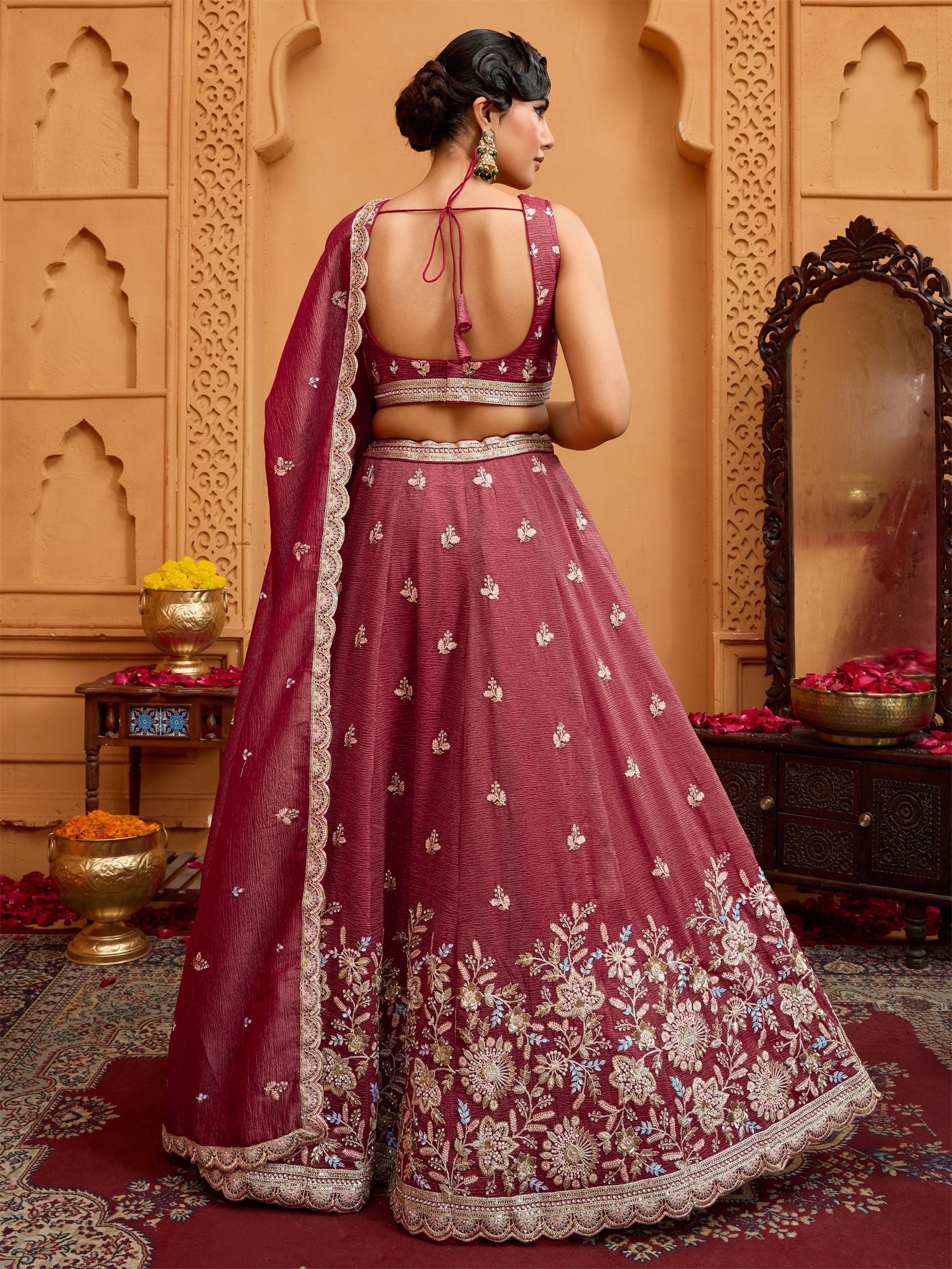 Pink Floral Embellished Wedding Lehenga Choli Set
