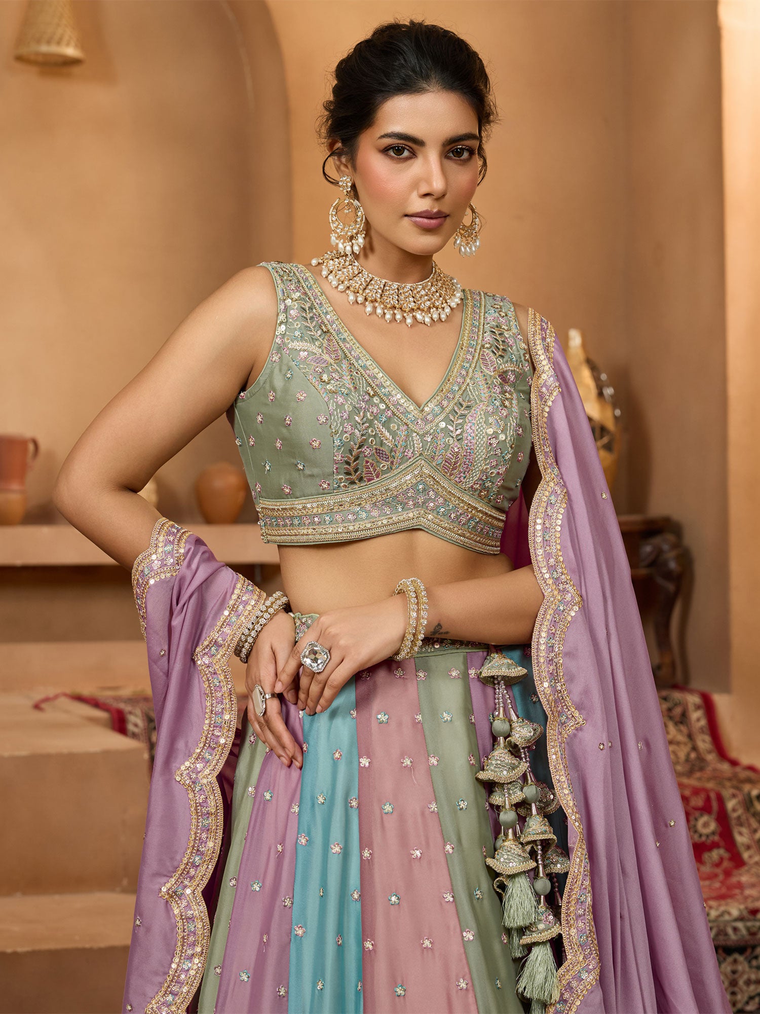 Multicolor Sequins Enhanced Georgette Lhenga Choli