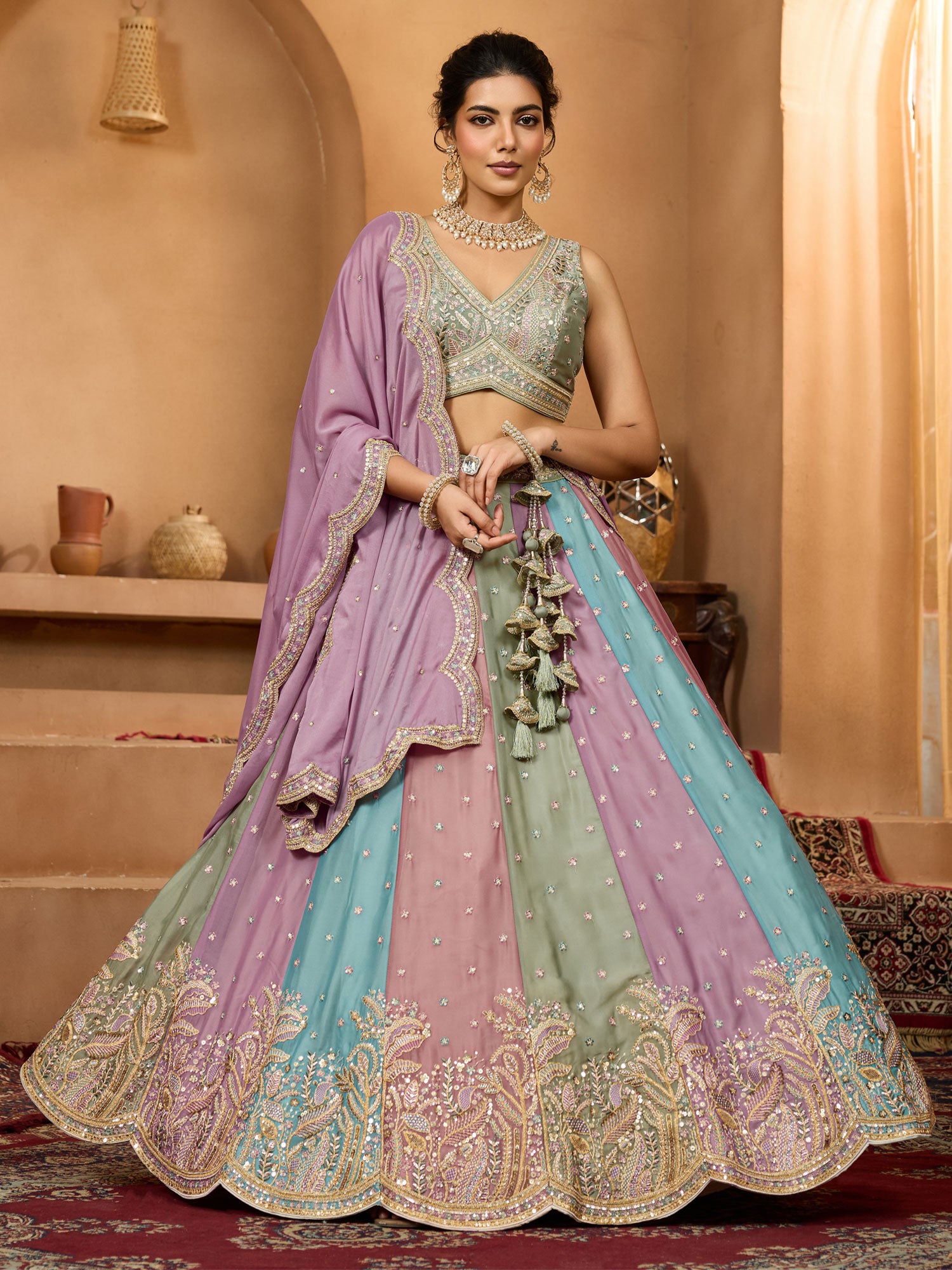Multicolor Sequins Enhanced Georgette Lhenga Choli